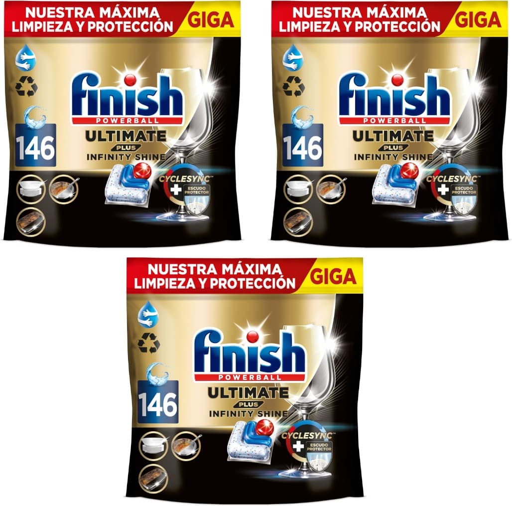 Finish Ultimate Plus Infinity Shine, pastilhas para máquina de lavar louça, limpeza e brilho intensivos e proteção de vidro, 146 pastilhas x 3 , total de 438 pastilhas