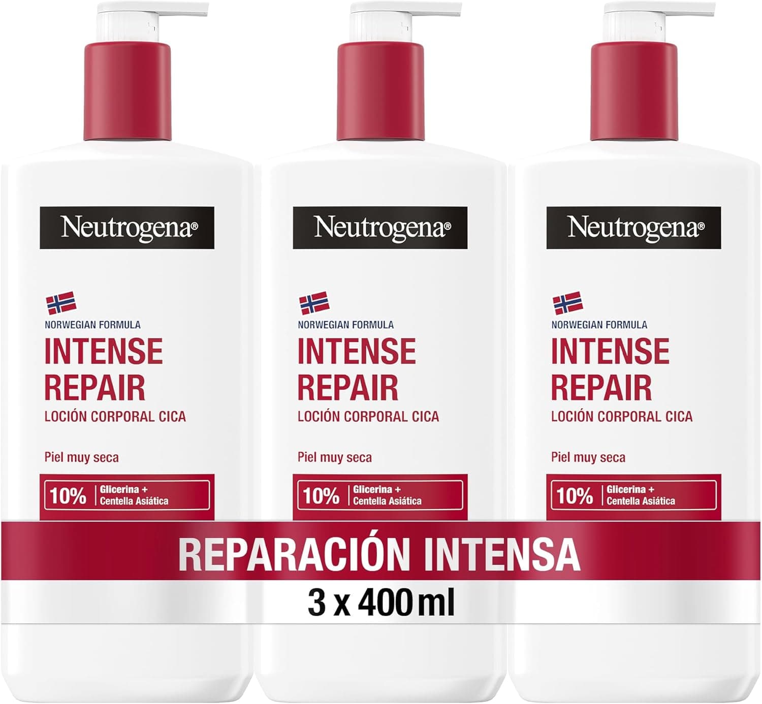 Neutrogena Fórmula Noruega loção corporal CICA reparação intensa para pele muito seca (3 x 400 ml), creme hidratante corporal reparador com centelha asiática e glicerina