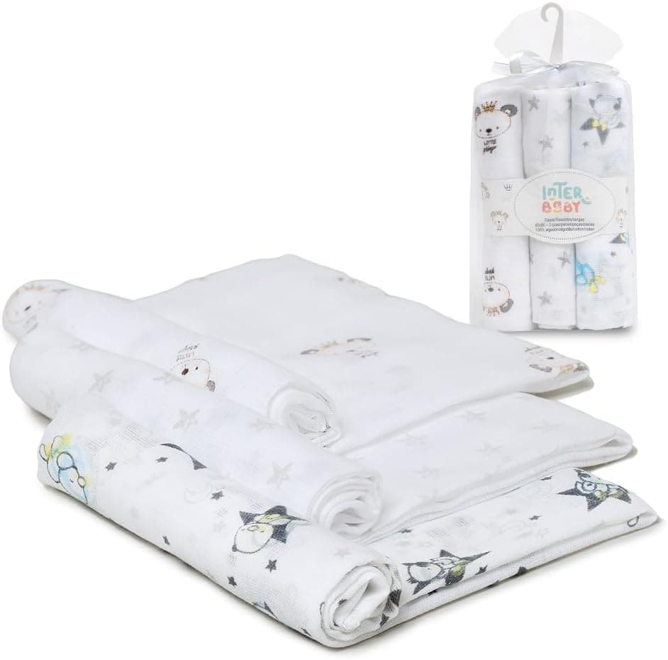 Interbaby Muselinas de algodão 80x80cm pack de 3 | Panos de musselina para bebé, ideais para amamentação, toalha ou manta