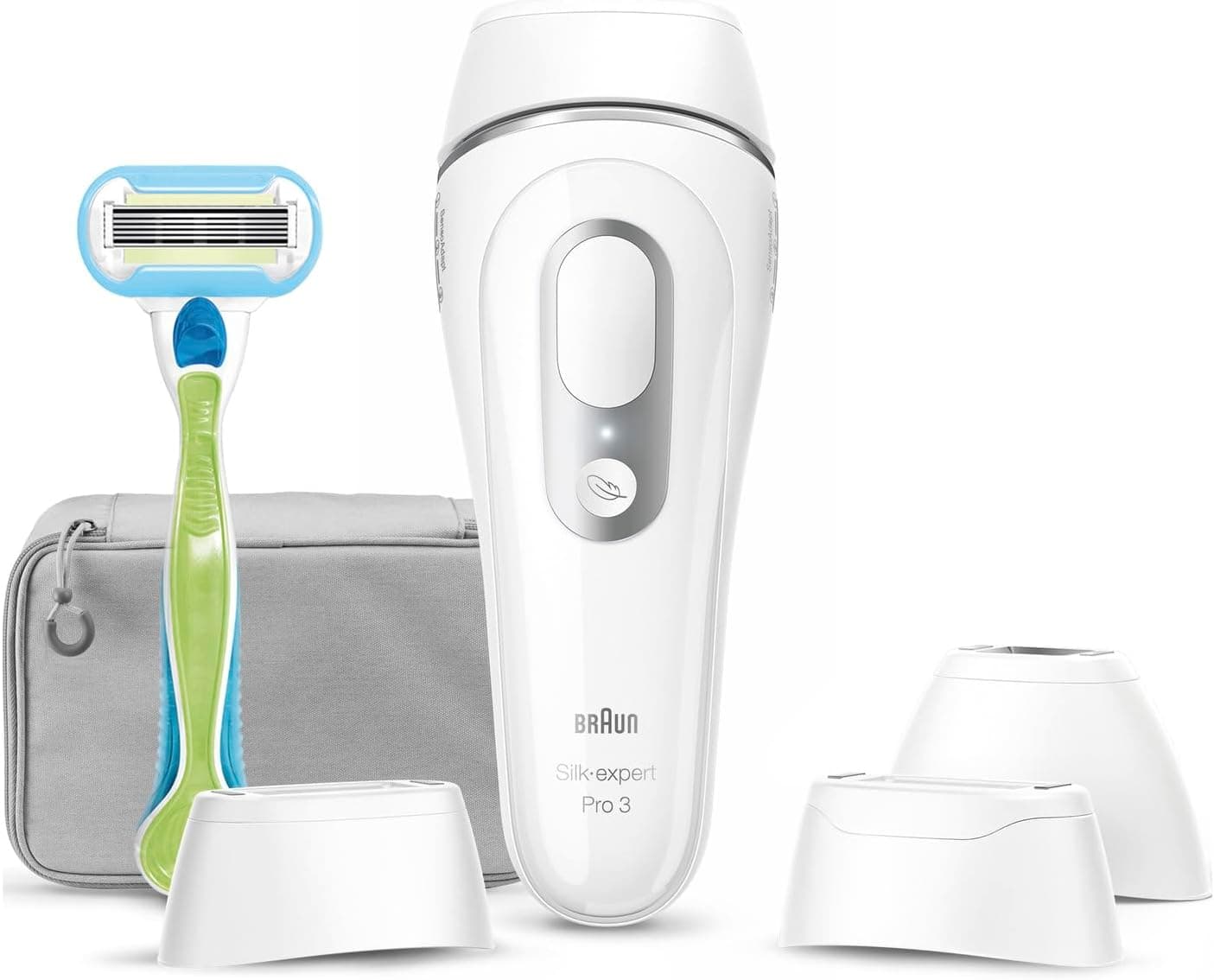 Braun Luz de pulso Silk-expert Pro 3, remoção de pêlos em casa, alternativa à remoção a laser, removedor IPL com capa, máquina Vênus, 3 cabeças para rosto e corpo, branco/prateado, PL3222