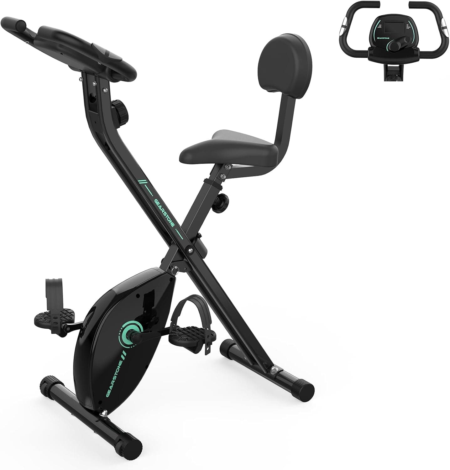 GEARSTONE Bicicleta estática, bicicleta magnética dobrável, bicicleta de fitness, treinador de treino de cardio em casa dobrável em interior, sensor de pulso, suporte para telefone