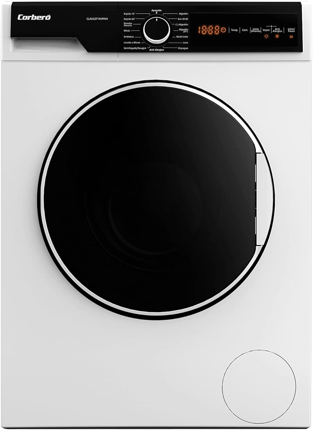 Corberó CLAV22714VPINV | Lavadora frontal 7 kg com motor Inverter, 1400 rpm, 15 programas, vapor, início diferido, antialérgica e painel touch, branca