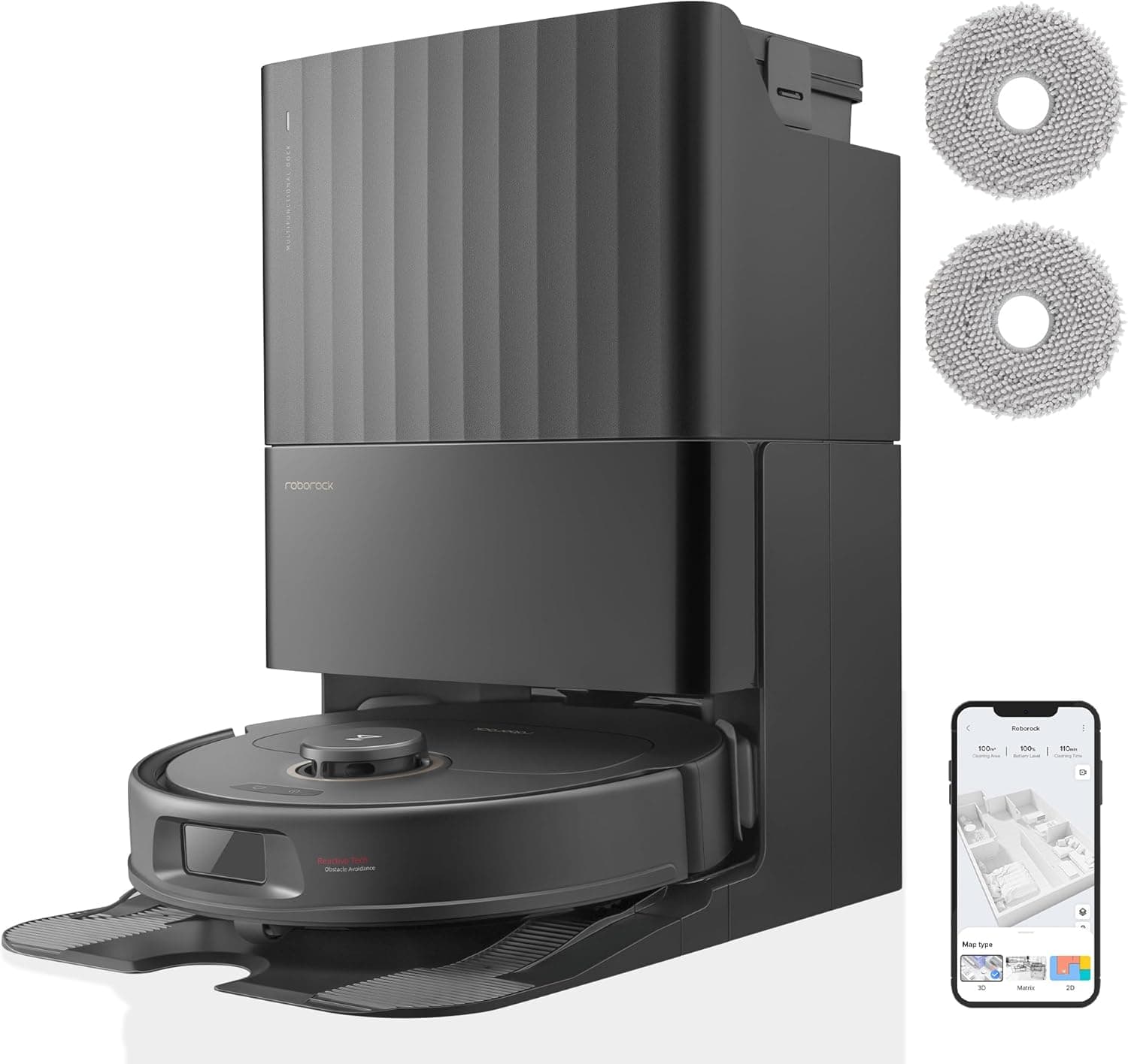 roborock Qrevo Pro Set Robot Aspirador de pó, base multifuncional 2.0, FlexiArm Design™, aspirador e friga o chão HyperForce® 7000 Pa, água quente a 60 °C, Reactive Al e 2 panos de limpeza, preto