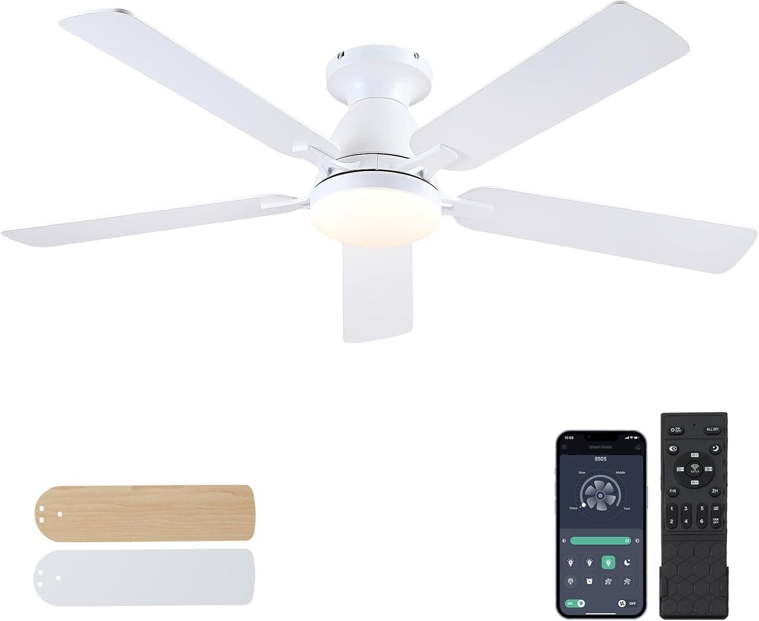 Ventoinhas de teto com luzes, ventilador de teto de 132 cm, de perfil baixo, para interior, com luz e controlo remoto, montagem embutida, ventilador de teto moderno LED regulável para quarto