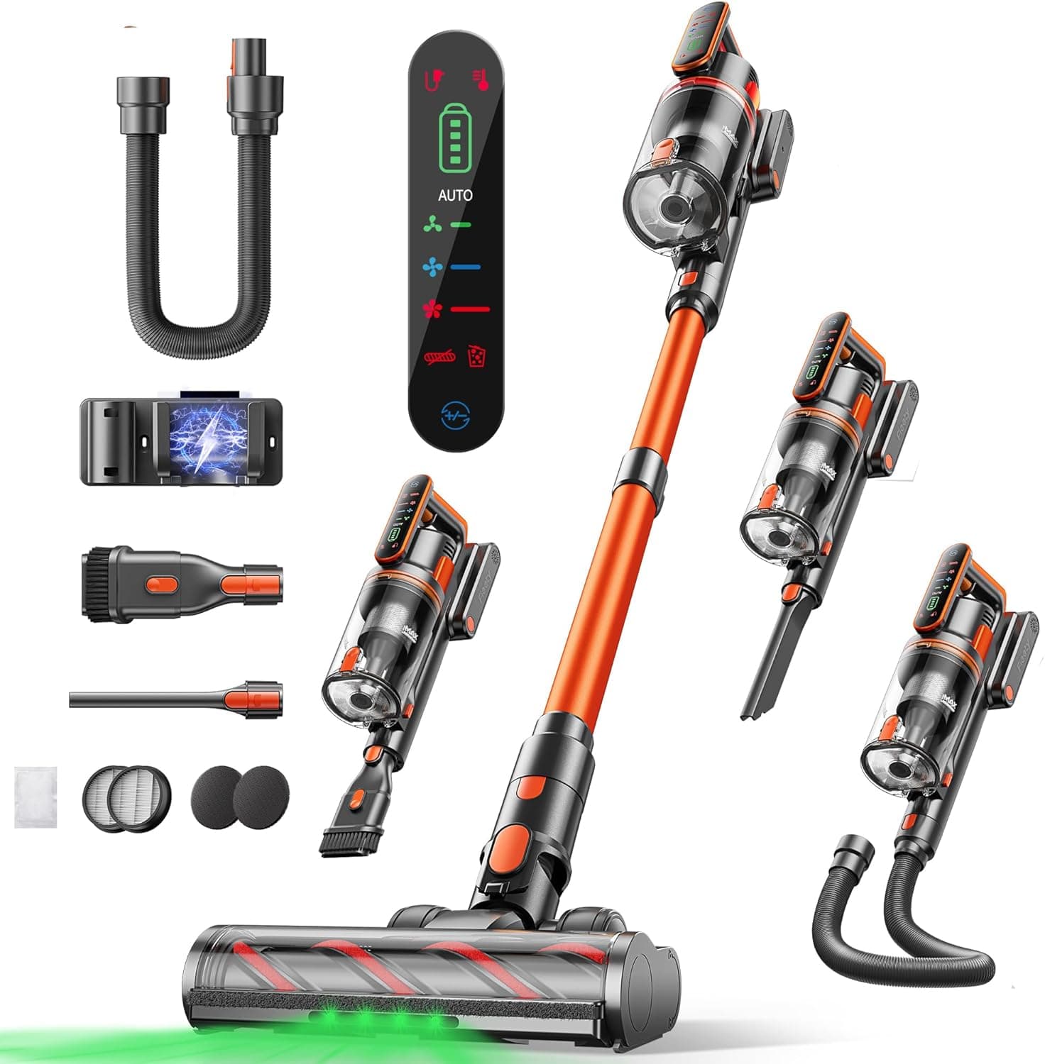 45KPA/550 W Aspirador sem cabo com tablet cromático, 60 m, potente aspirador vertical anti-emaranhado, modo automático para pavimentos/tapetes, 1,6 l, 1 m tubo flexível/kit escovas, LED tátil