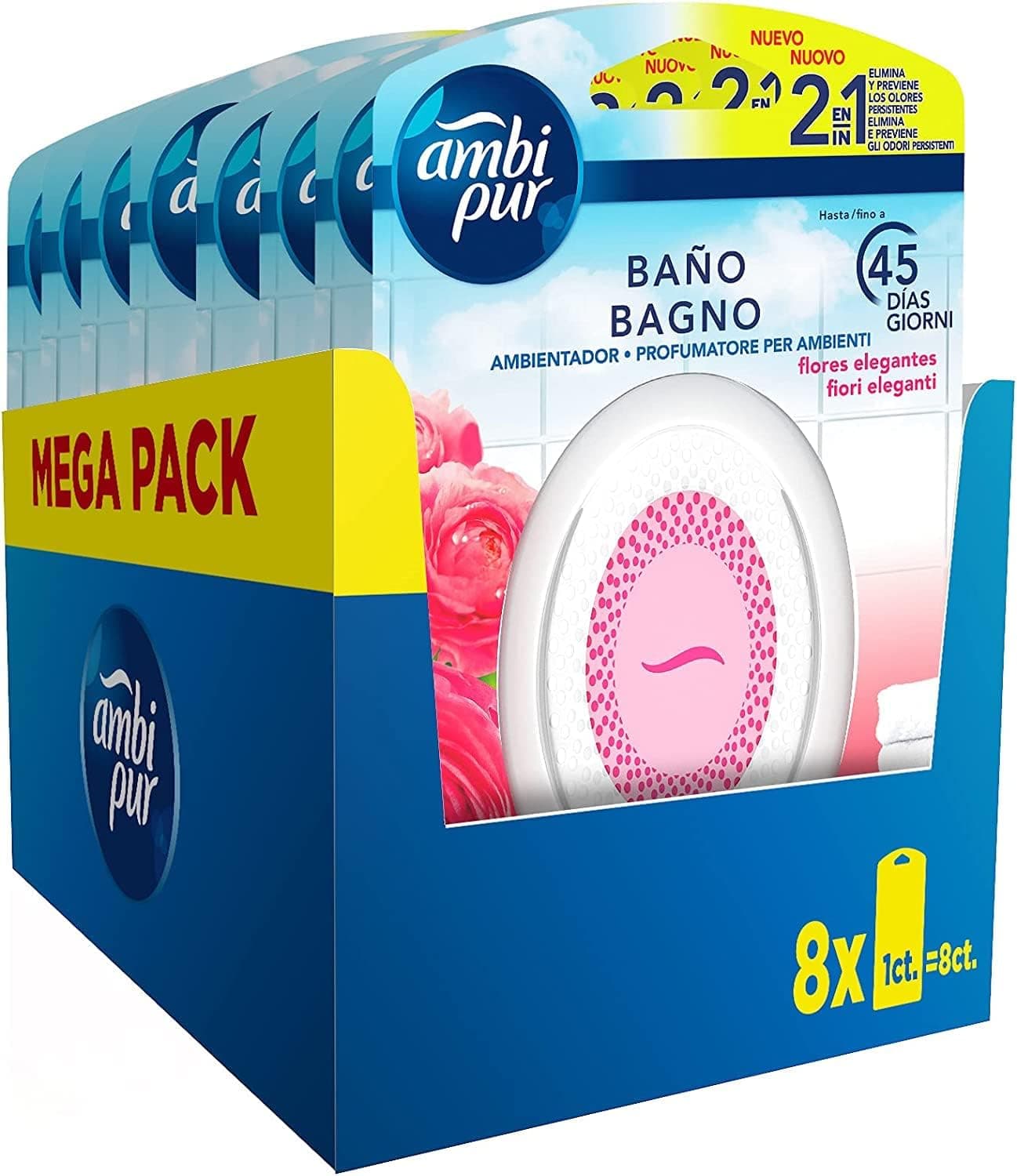 Ambipur Ambientador casa para casa de banho (8 x 45 dias), elimina e evita odores ruins, fragrância flores elegantes, mega pack