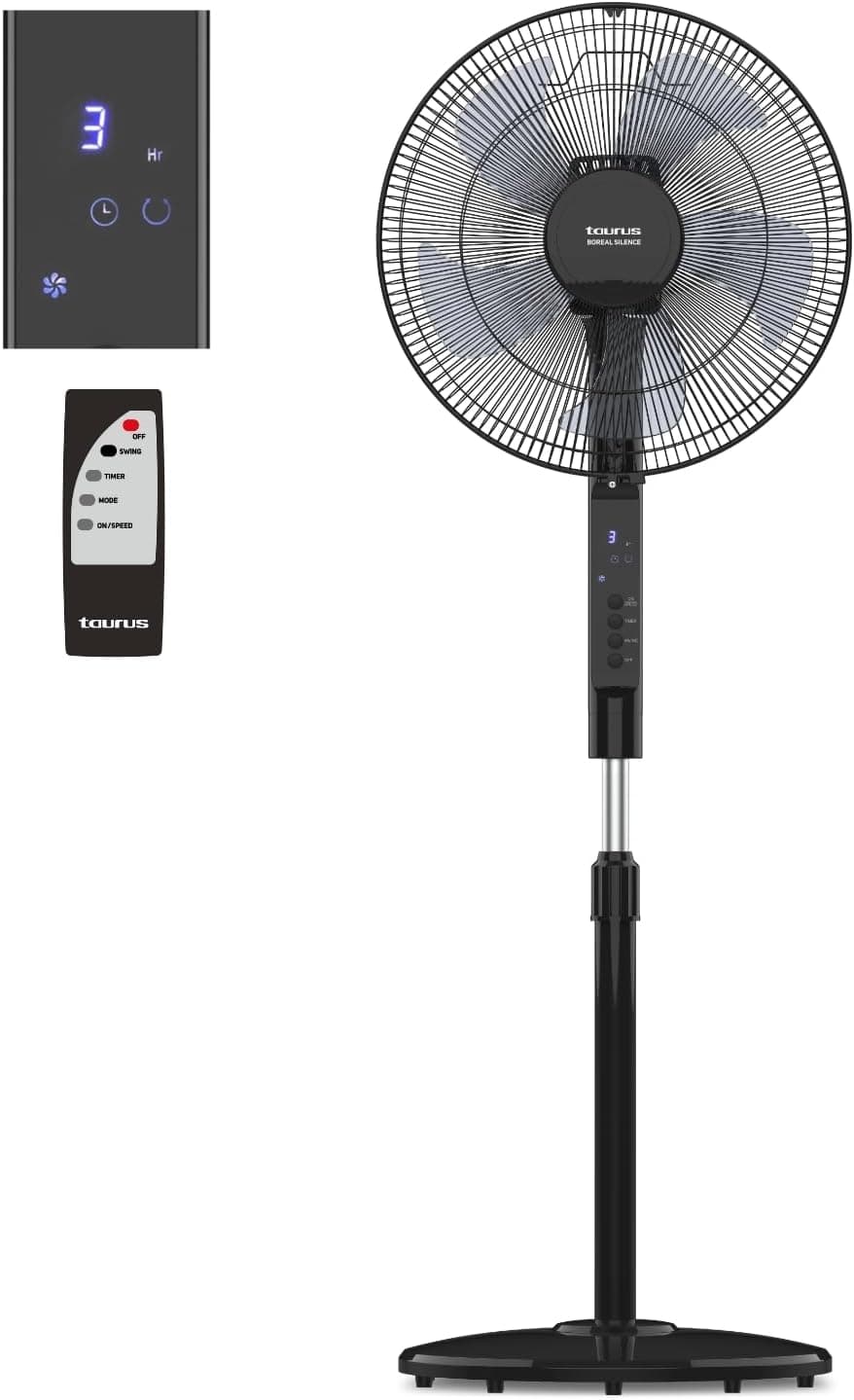 Taurus - Ventoinha de pé Boreal 16CR Silence 30W | 12 velocidades | Silencioso | modo normal/britânico/noite | 5 pás | oscilante, altura ajustável, comando e ecrã digital, alumínio | preto