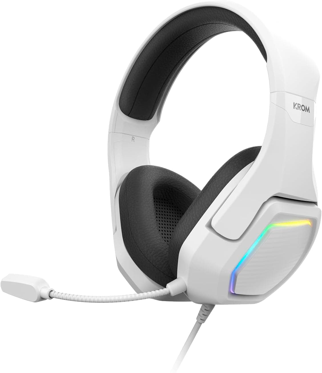 KROM KOPA 7,1 Auriculares 50 mm com som 7,1 virtual, iluminação RGB Rainbow, controlo de volume e microfone integrado, faixa ajustável e leve, conexão USB, branco