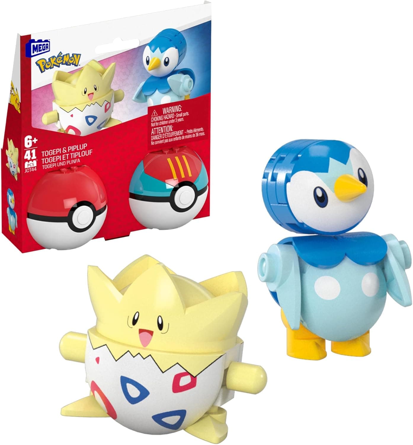 Mega Pokémon conjunto de construção com figura de ação, pack de dois Poké Ball, Togepi e Piplup, 41 peças, para meninos e meninas, JCT44
