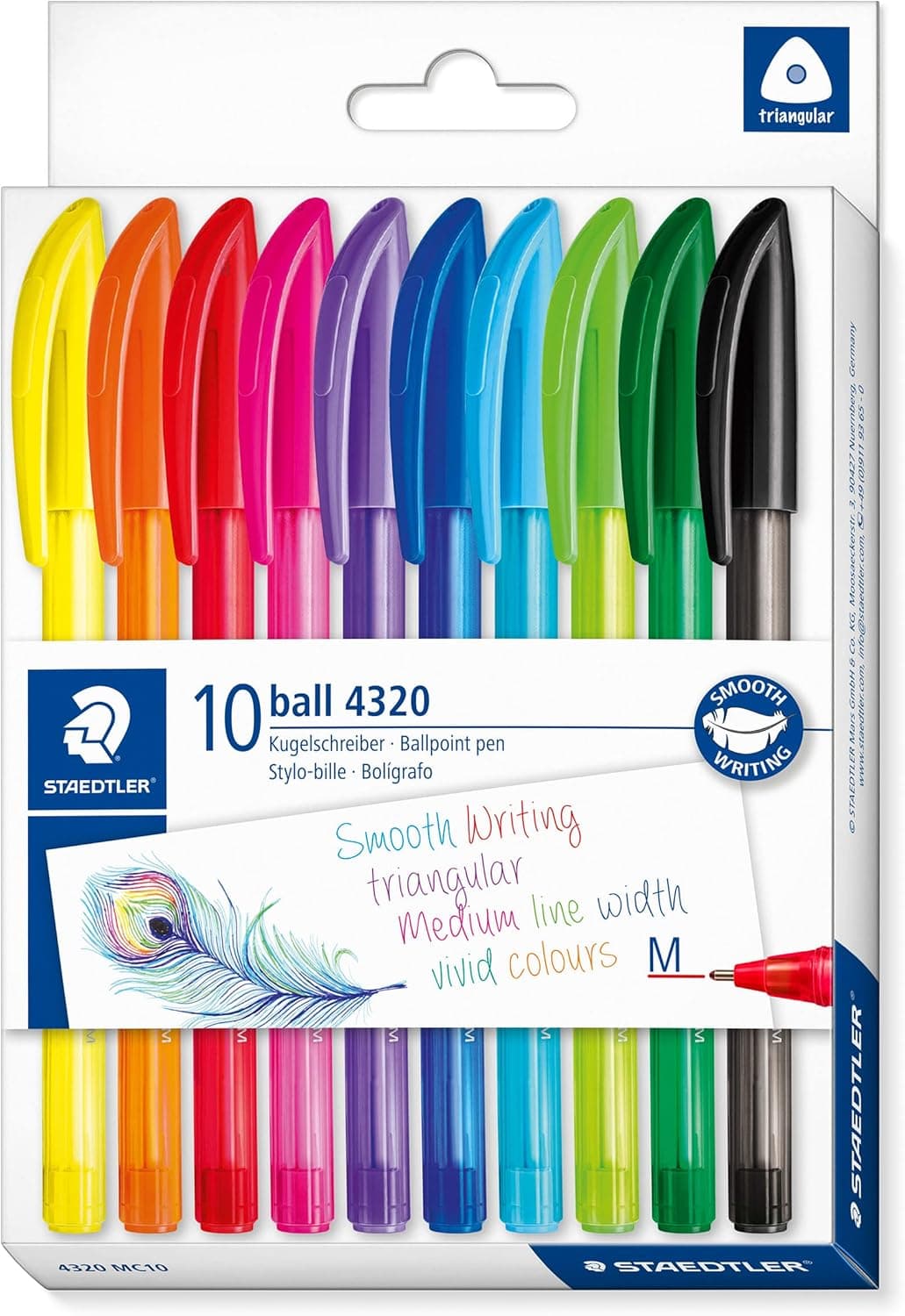 STAEDTLER 4320 MC10 | Conjunto de 10 esferográficas triangulares de cores sortidas com espessura média para escrita confortável