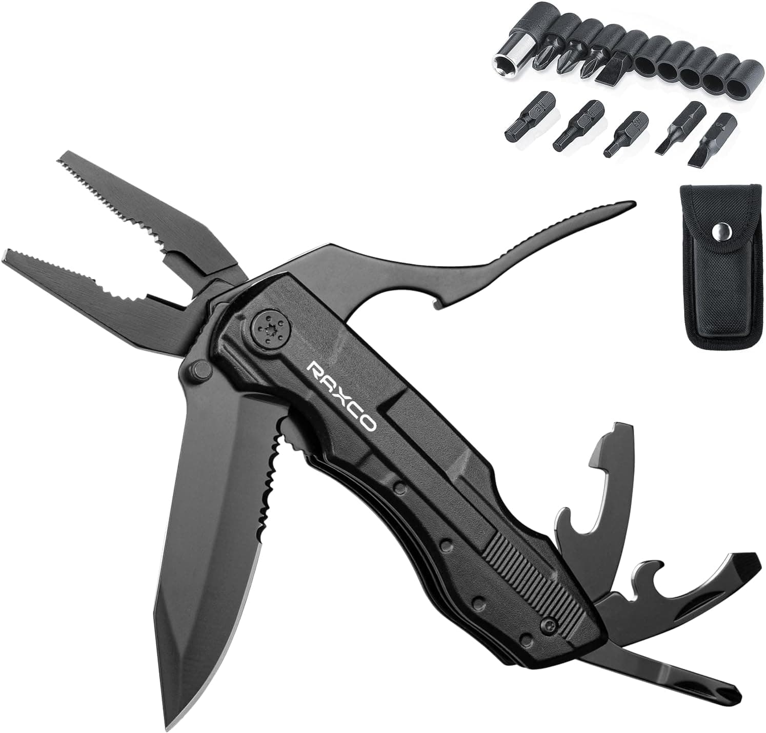 RAXCO Faca multifuncional, ferramenta multiusos 18 em 1, capa transportadora de faca sobrevivência no cinto, chave de fenda para acampar, atividades ao ar livre, caminhadas, pesca e muito mais