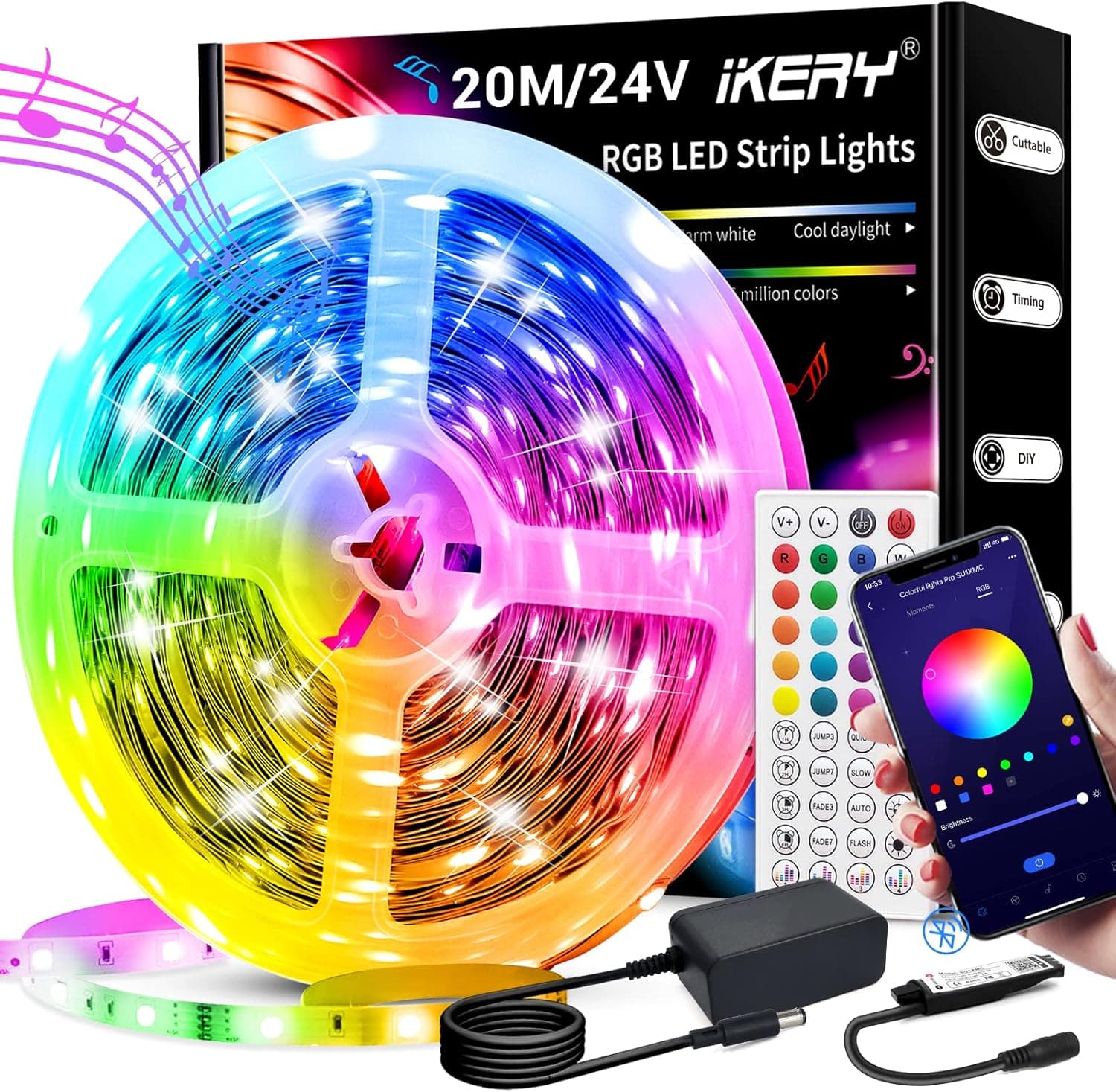 IKERY Faixa LED 20 m Bluetooth, faixa LED RGB 24 V, luzes LED sincronização de música regulável com 44 botões controlo remoto e aplicação controlável, banda LED auto-adesiva para quartos, festival de