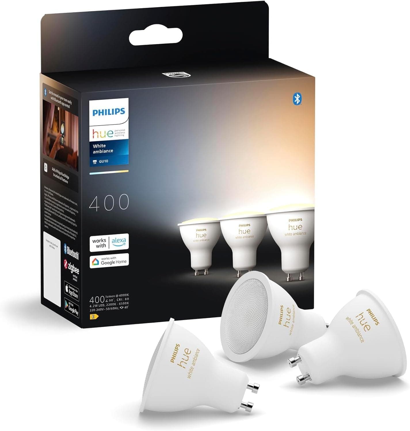 Philips Hue 400 | Pack de 3 lâmpadas LED inteligentes GU10 branco regulável compatíveis com Alexa e Google Home