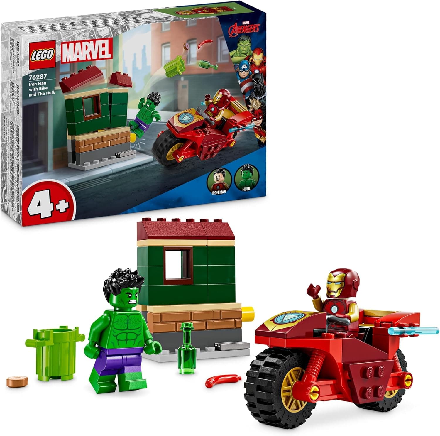 LEGO Marvel Iron Man com moto e Hulk brinquedo de construção infantil com minifiguras de super-heróis Vingadores, conjunto de coleção com veículo, presente para meninos e meninas de 4 anos ou mais