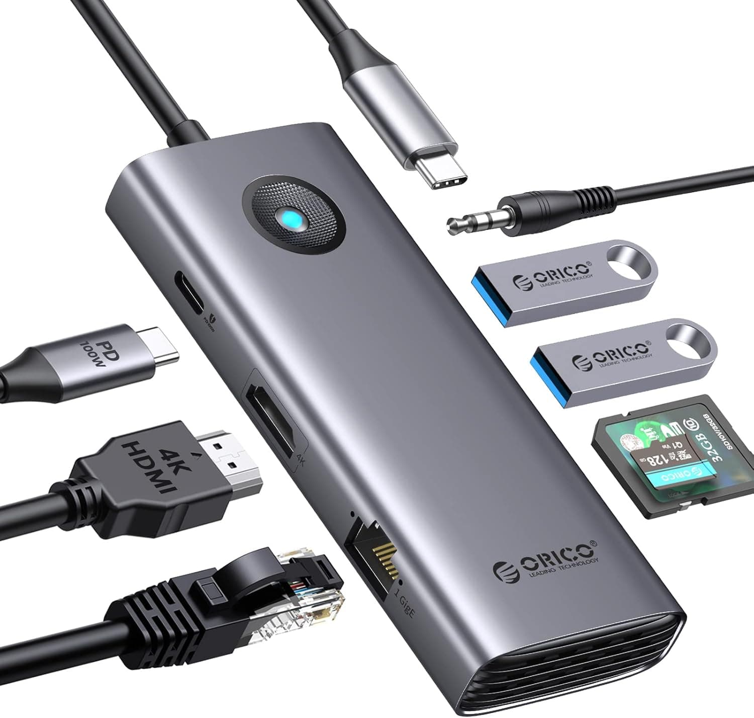 ORICO 8 em 1 USB C Docking Station com 4K HDMI, 100 W Power Delivery, 2 portas USB 5 Gbps, SD e TF, áudio de 3,5 mm, adaptador multiporta Gigabit Ethernet tipo C para Windows Mac