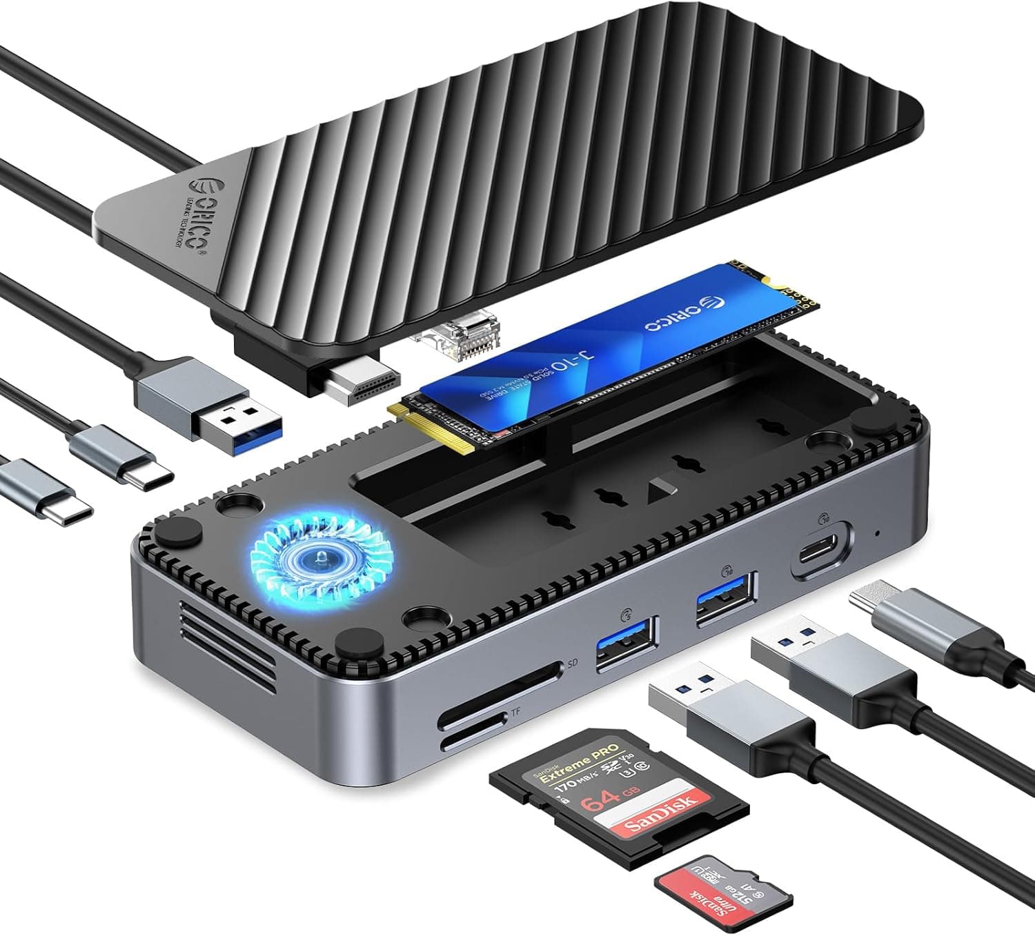 Docking Station USB C 10 em 1, ORICO USB-C HUB com ventoinha integrada, adaptador USB 3.2 Gen2 M.2 NVMe/SATA SSD de 10 Gbps, caixa SSD M2 compatível com suporte de 4K HDMI, 100 W PD, SD/TF, Gigabit Ethernet
