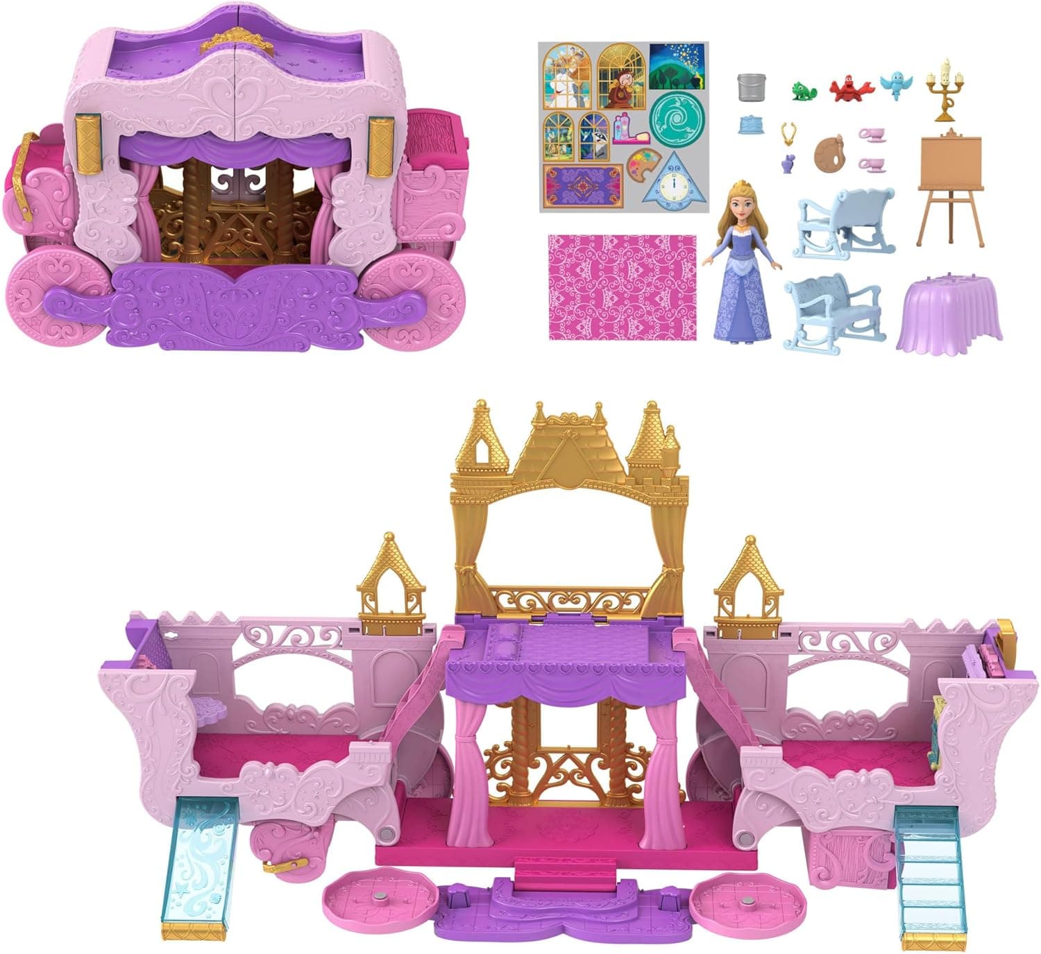 Mattel Disney Princess Minis Set de jogo de carruagem que se transforma em castelo, casa de bonecas pequenas com princesa Aurora, 4 figuras, móveis e acessórios, brinquedo + 3 anos (HWX17)