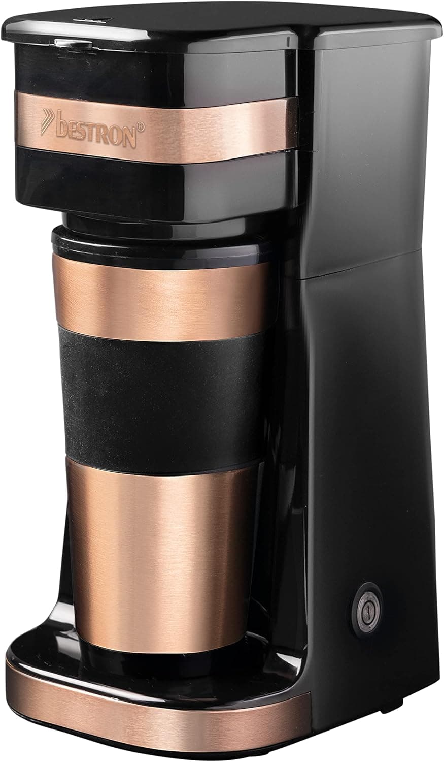 Bestron Máquina de café, máquina de café com copo isolado, para filtro de café moído, 2 chávenas grandes, 750 watts, aço inoxidável, 0,42 litros, cor: cobre