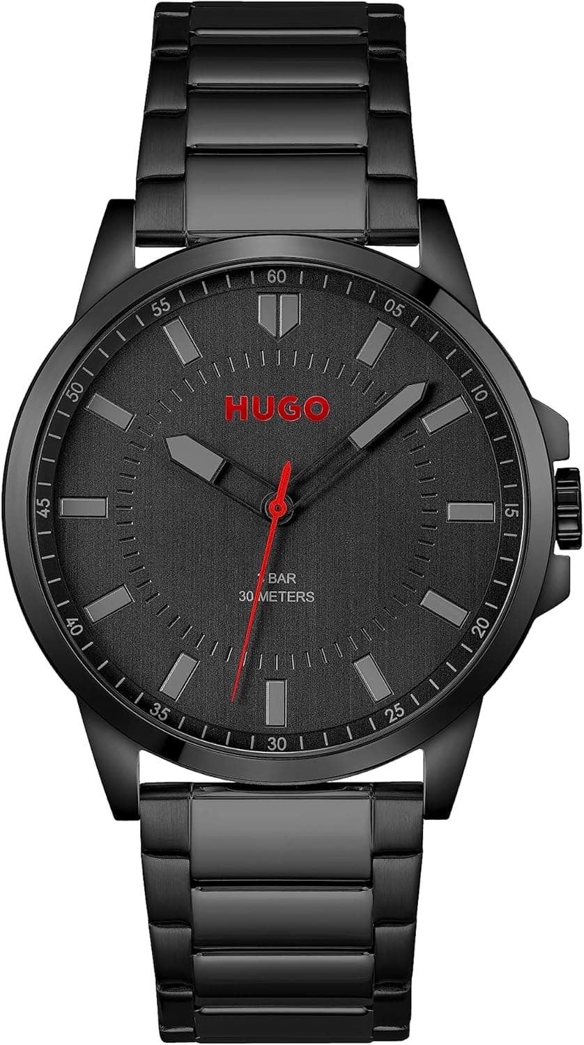 HUGO First | Relógio analógico de quartzo para homem com mostrador preto e bracelete em aço inoxidável