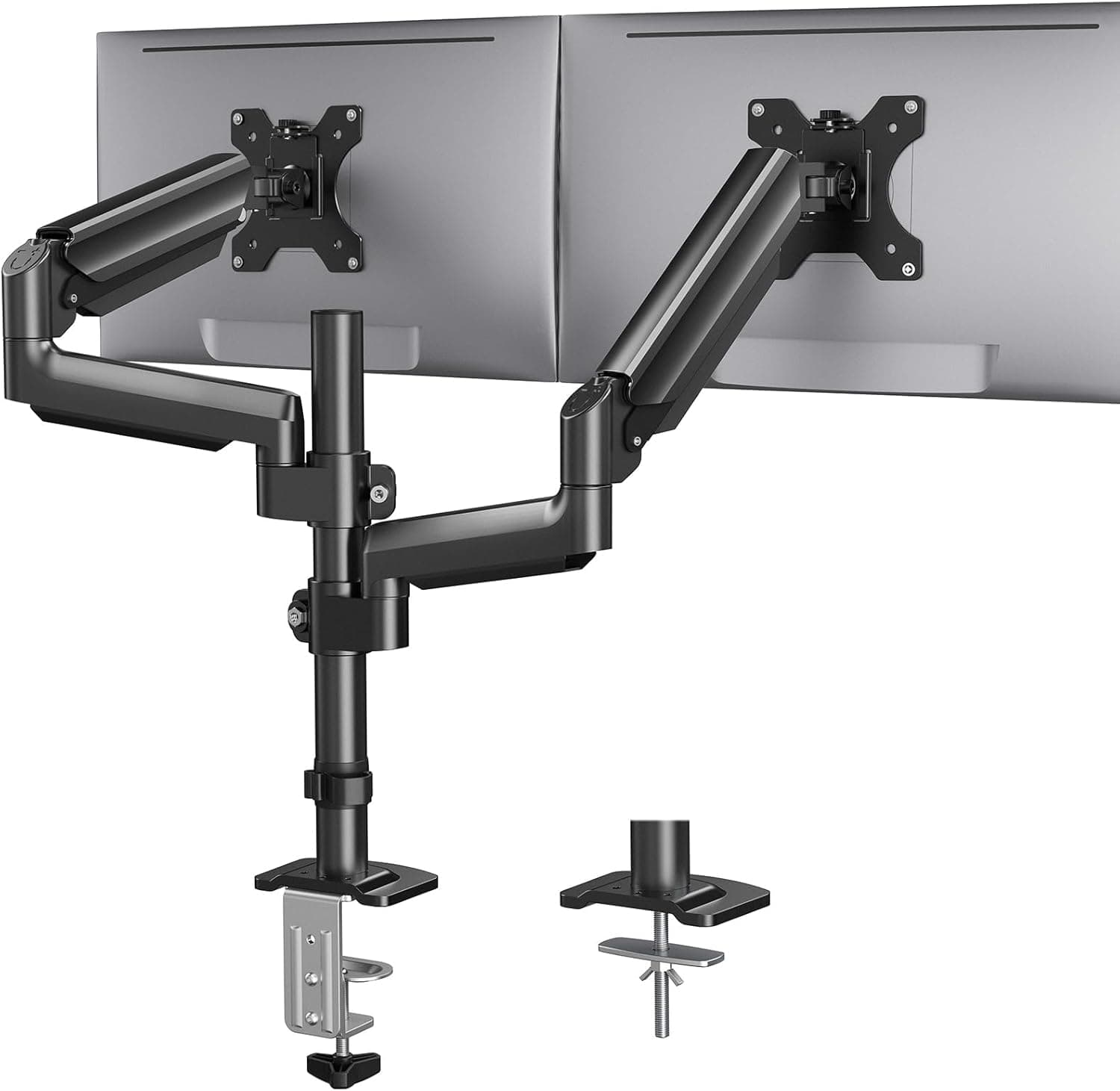 HUANUO Suporte monitor de secretária duplo de 13 a 32 polegadas, braço monitor duplo suporta 9 kg, montagem ajustável altura de gás, rotação ergonómica e inclinação e rotação