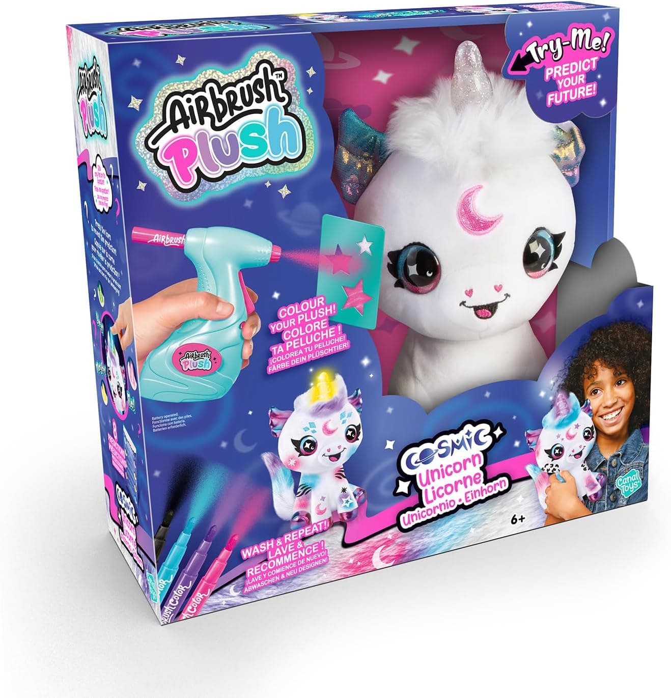 Canal Toys Airbrush Plush AIR028 | Peluche unicórnio personalizável com aerógrafo, luz interativa e acessórios criativos para crianças