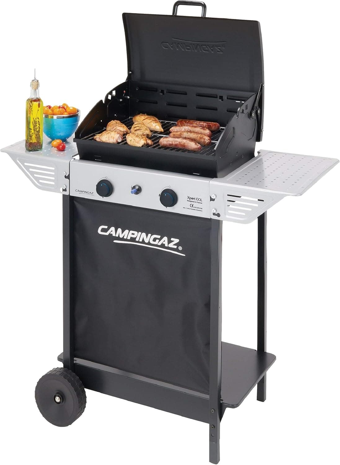 Campingaz Xpert Churrasqueira a Gás de 100 L, Grelha a Gás com Dois Queimadores Compactos, Potência de 7,1 kW, Grelha, 2 Mesas de Apoio e Carrinho em Aço