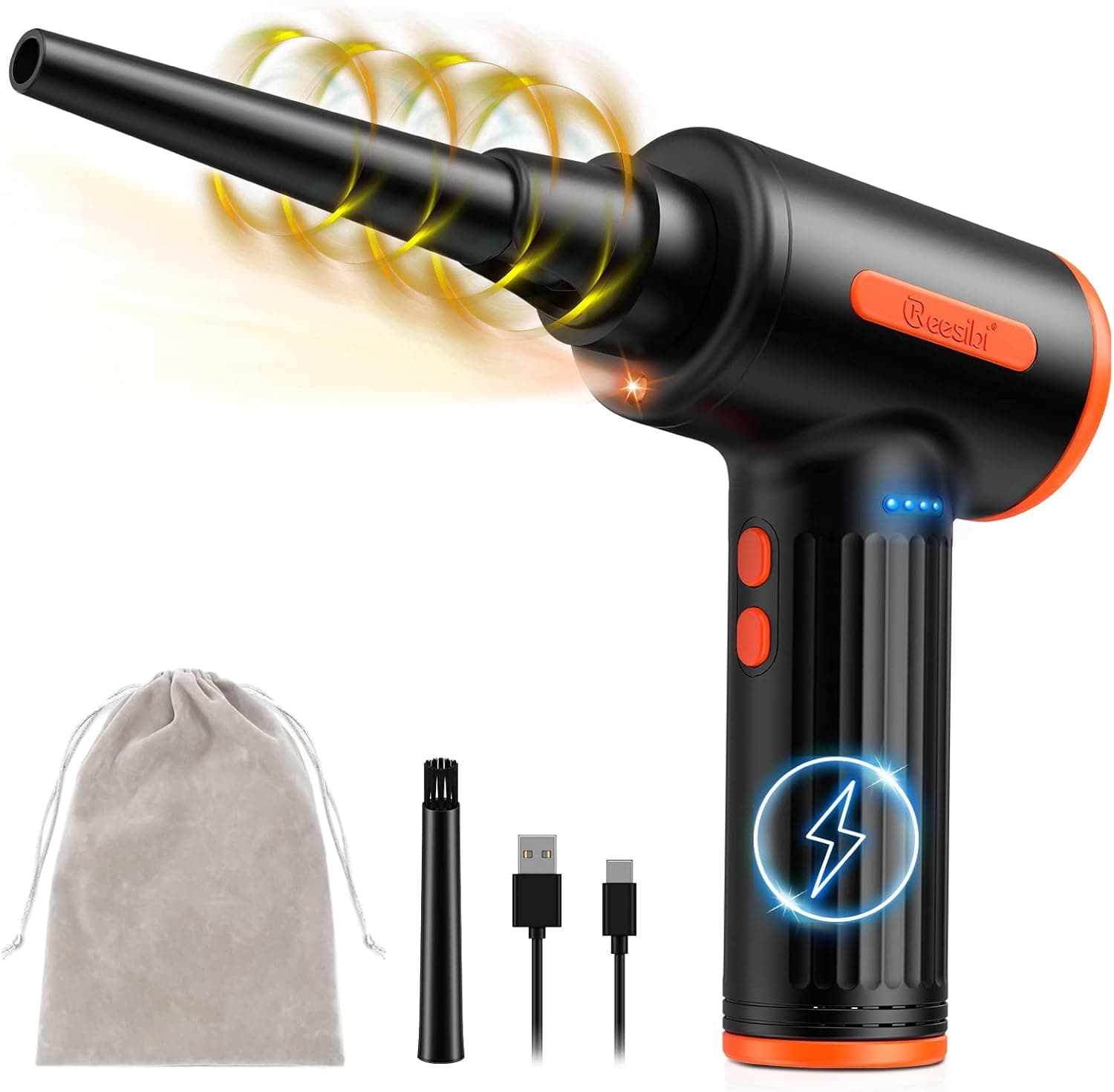 Reesibi R5-90w | Soprador elétrico de ar comprimido sem fios com motor brushless 90000 RPM, 3 velocidades e luz LED para limpeza de eletrónica