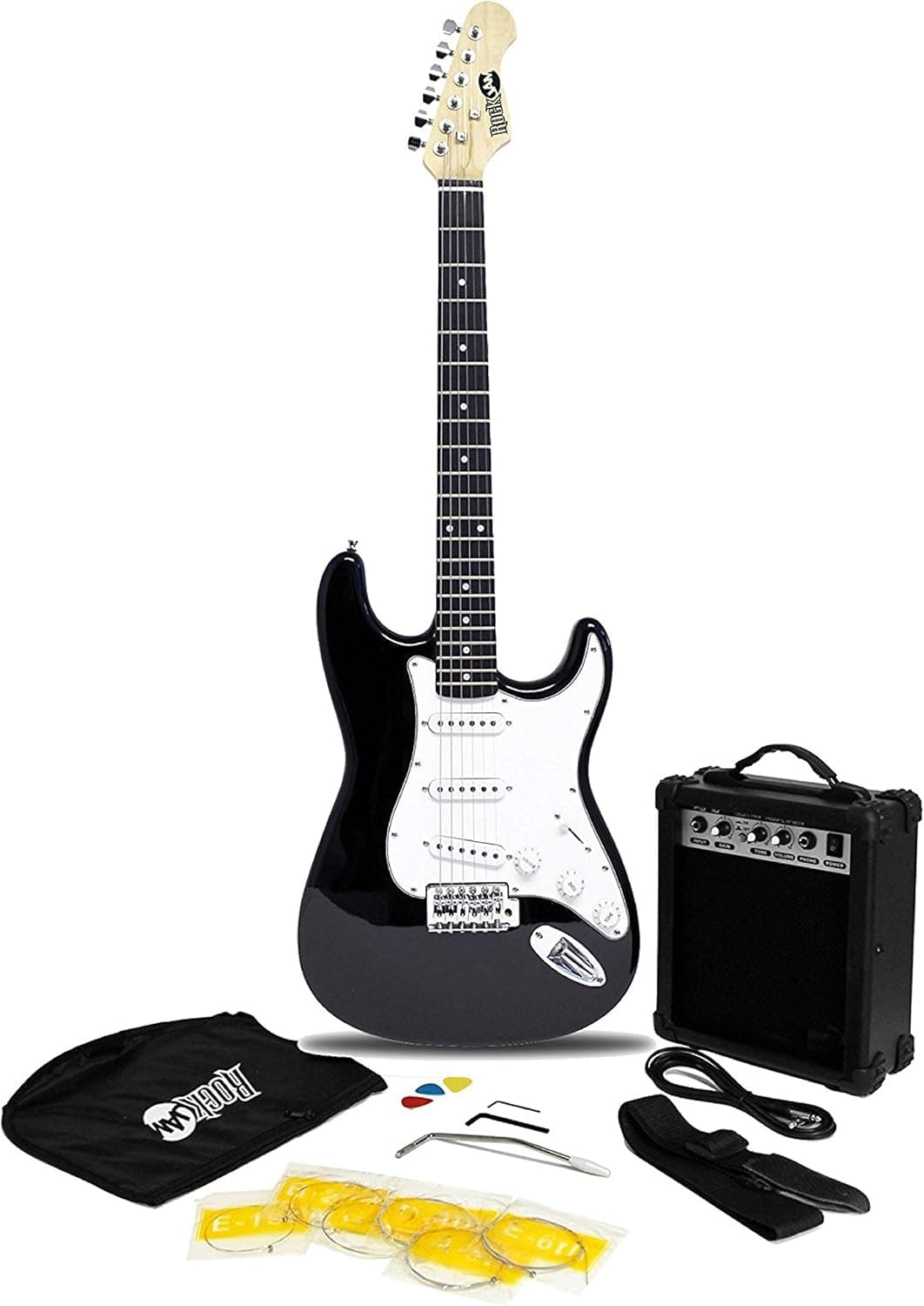 RockJam Superkit Guitarra elétrica completa com amplificador de guitarra, cordas, correia, capa e cabo para guitarra, cor preta