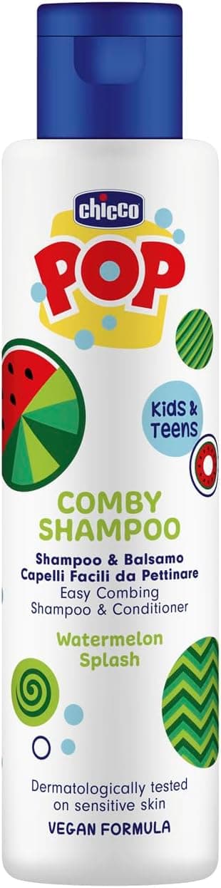 Chicco POP Shampoo e condicionador Watermelon Splash, aroma melancia , champô e condicionador de frutas, champô suave para crianças, sem lágrimas, fórmula vegana, 250 ml