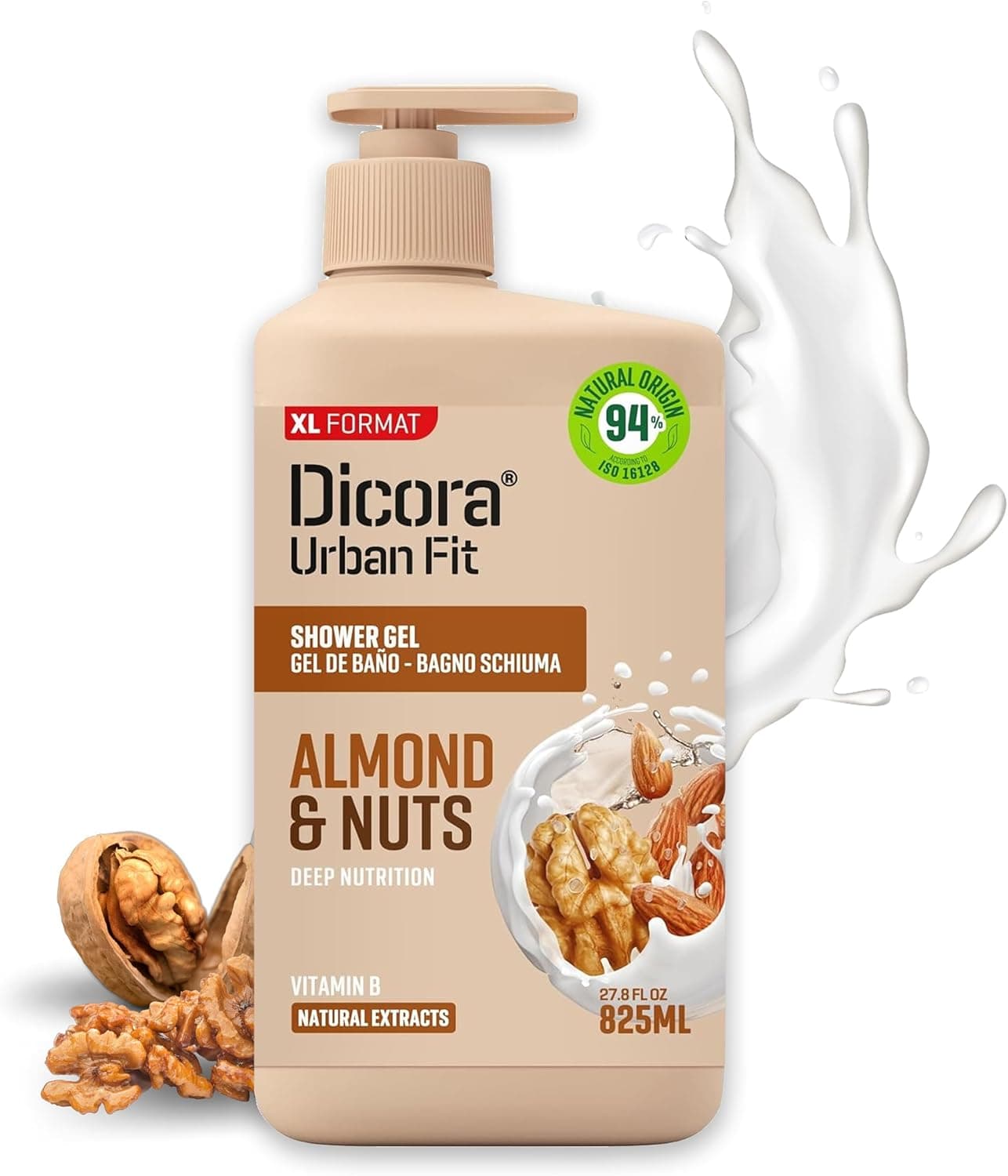 Dicora Urban Fit Gel de duche com vitamina B amêndoas e nozes, gel de banho nutritivo e hidratante, extratos naturais, tamanho 825 ml