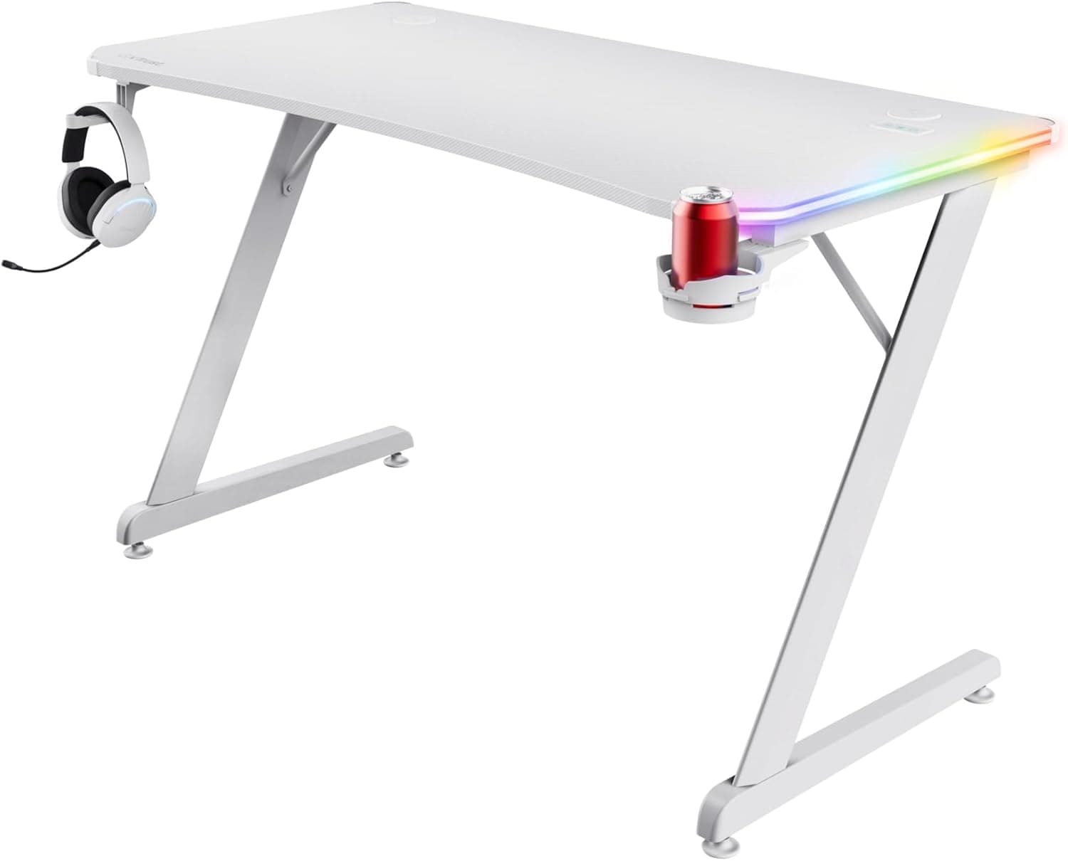 Trust Gaming GXT 709W Luminus Mesa Gaming LED RGB, 10 modos de cor, alimentação USB, suporte de auriculares e copos, secretária branca de 120 x 60 para computador, escritório, Gamer