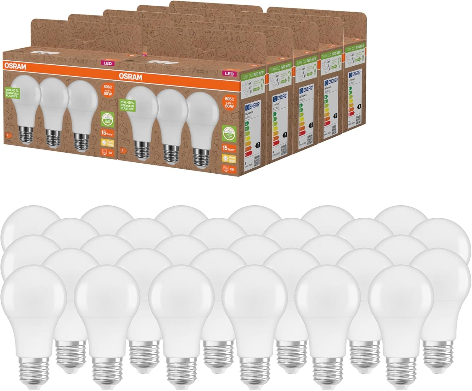 OSRAM Lâmpadas LED, formato de lâmpada clássica A feita de plástico reciclado, 60 W, 2700 K, embalagem de 30