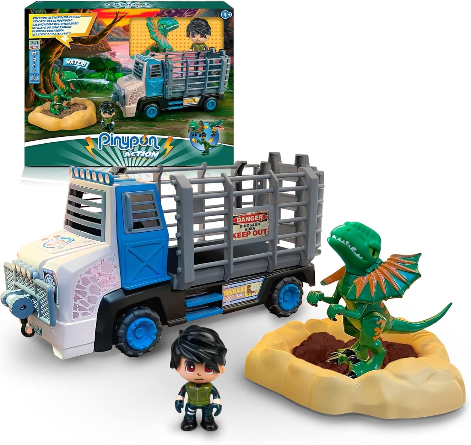 Pinypon Action - Resgate do dinossauro Dilophosaurus, conjunto com um camião de brinquedo, figura de explorador, boneco Dino que cospe água quando aperta, base do poço e areia mágica, famosa