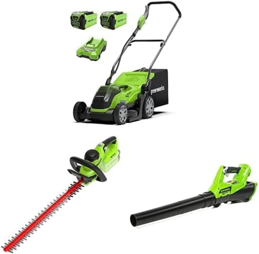 Greenworks Corta-relvas com bateria G40LM35K2X + Greenworks corta-relvas com bateria G40HT+Greenworks 40 V soprador folhas sem fios de bateria G40AB