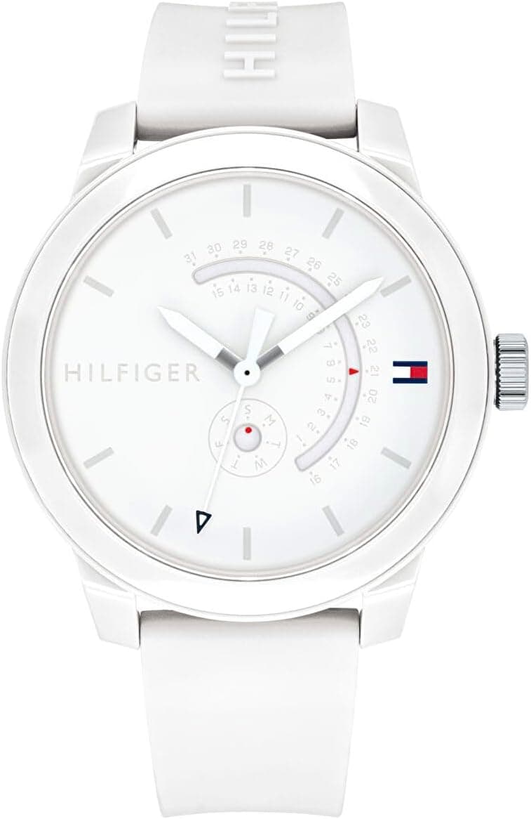 Tommy Hilfiger Relógio analógico de quartzo para homem - mostrador branco, correia de silicone branca, funções de dia e data, caixa de 44 mm, resistente à água 3ATM - 1791481
