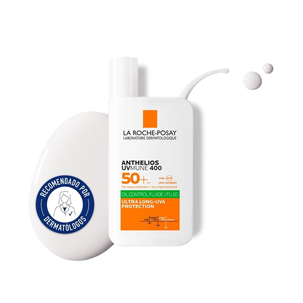 La Roche Posay Fluido Invisível, Protetor Solar com FPS 50+, Efeito Matificante 24 Horas, Resistente à Água, Suor e Areia, Fórmula com Mexoryl 400, Controlo de Oleosidade Anthelios UV-MUNE 400, 50 ml
