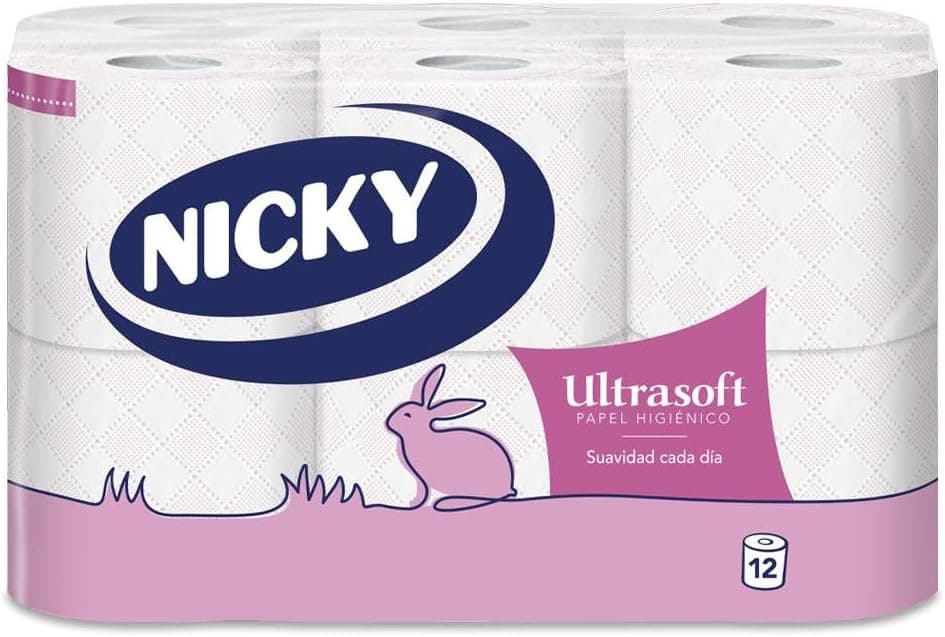 Nicky Ultrasoft Papel higiénico, embalagem de 12 rolos, 140 folhas de 2 camadas, aroma delicado a Talco, dermatologicamente testado, embalagem reciclável, celulose 100% pura