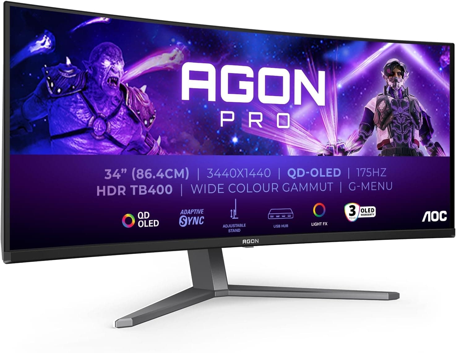 AOC Agon Pro AG346UCDAM Monitor de jogos curvo OLED WQHD de 34 polegadas, 175 Hz, 0,03 ms, FreeSync Premium Pro, Comp. G-Sync, HDR400 3440x1440, 2X HDMI, DisplayPort, USB Hub preto, QD-OLED