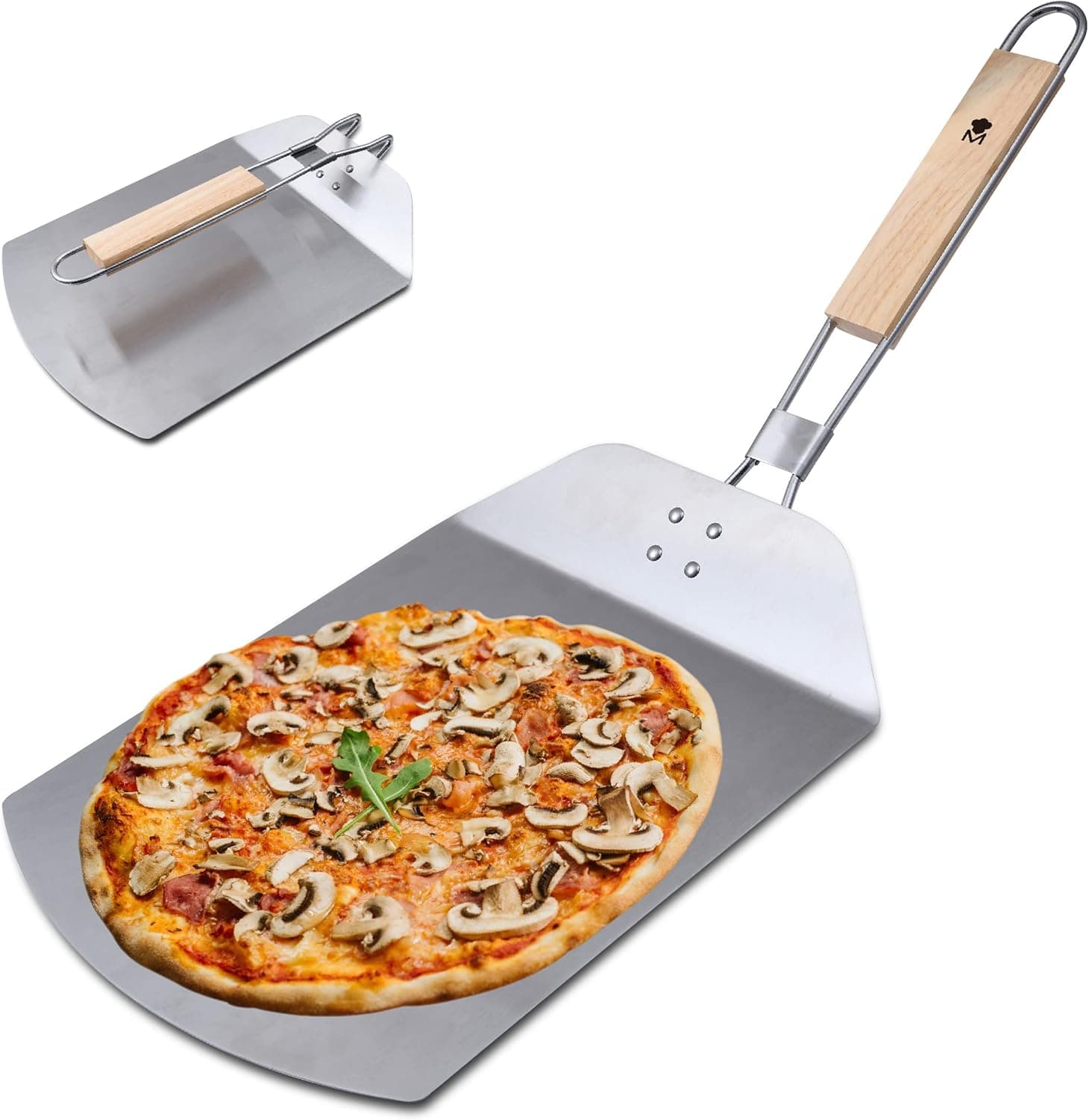MasterPRO Foodies - Pá para forno para pizza, pá de aço inoxidável, dimensões 57,8 x 24,3 x 3,4 cm, pega de borracha cor de madeira, extrai as suas pizas do forno de maneira firme e segura