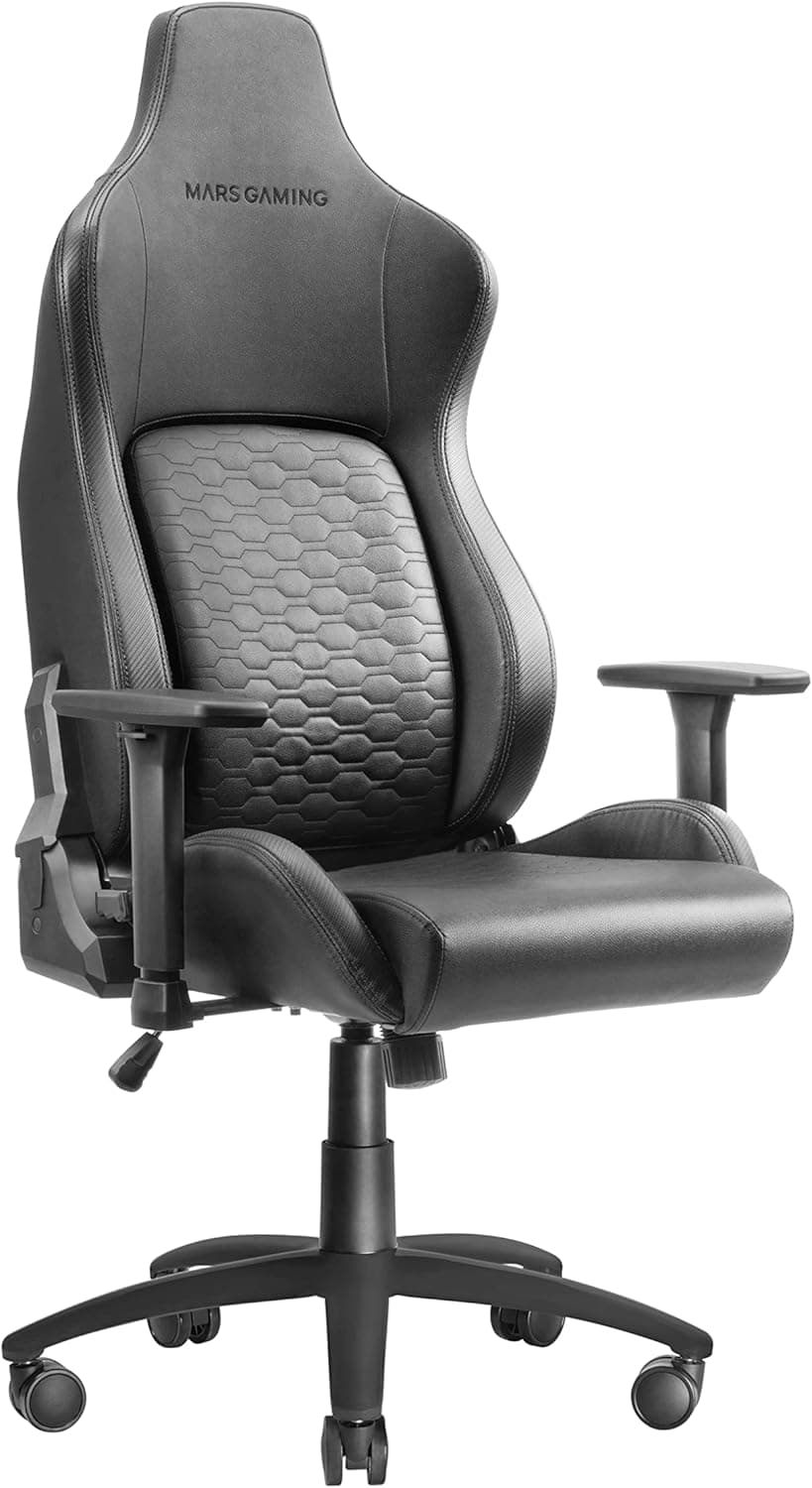 Mars Gaming MGC-Ultra preto, cadeira de jogos ergonómica, encosto Ergofit, apoio de braço 3D, suporte lombar almofada cervical, rodas XL, couro sintético
