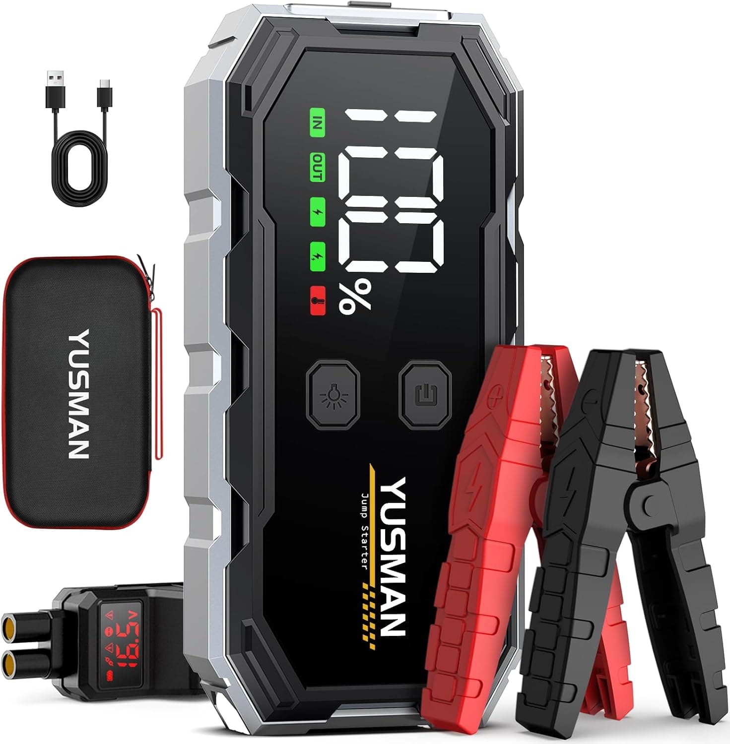 YUSMAN Iniciador de carros, 4000A iniciador de baterias de carro, 12 V iniciador de carro portátil com para 8 L gasolina ou 6 L diesel, lanterna LED de emergência, carregamento rápido, ecrã LCD