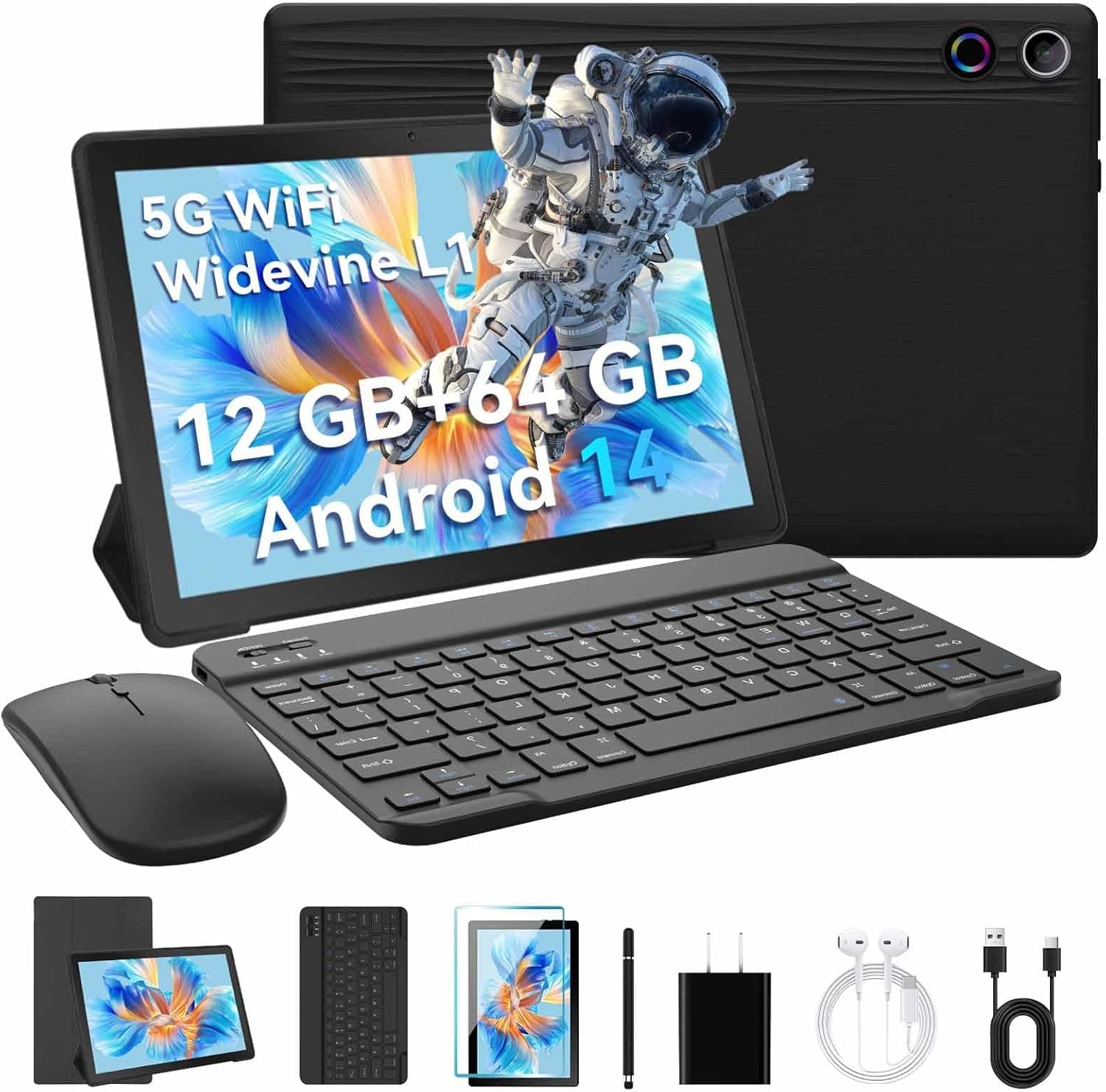 MUJENYZ Tablet de 10 polegadas Android 14,12 GB RAM+64 GB ROM (TF 1TB), Widevine L1/Face Recognition Unlock/WiFi 6, kit tablet 8 em 1 (com lápis Stylus capa protetora + rato sem fios + Auriculares)