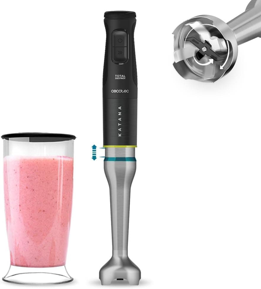 Cecotec Liquidificadora de mão Katana 15 TotalDestroy Jar B. 1500 W, 21 velocidades e turbo, sistema de lâminas duplas, 4 folhas com titânio preto, anti-salpicos, copo 800 ml
