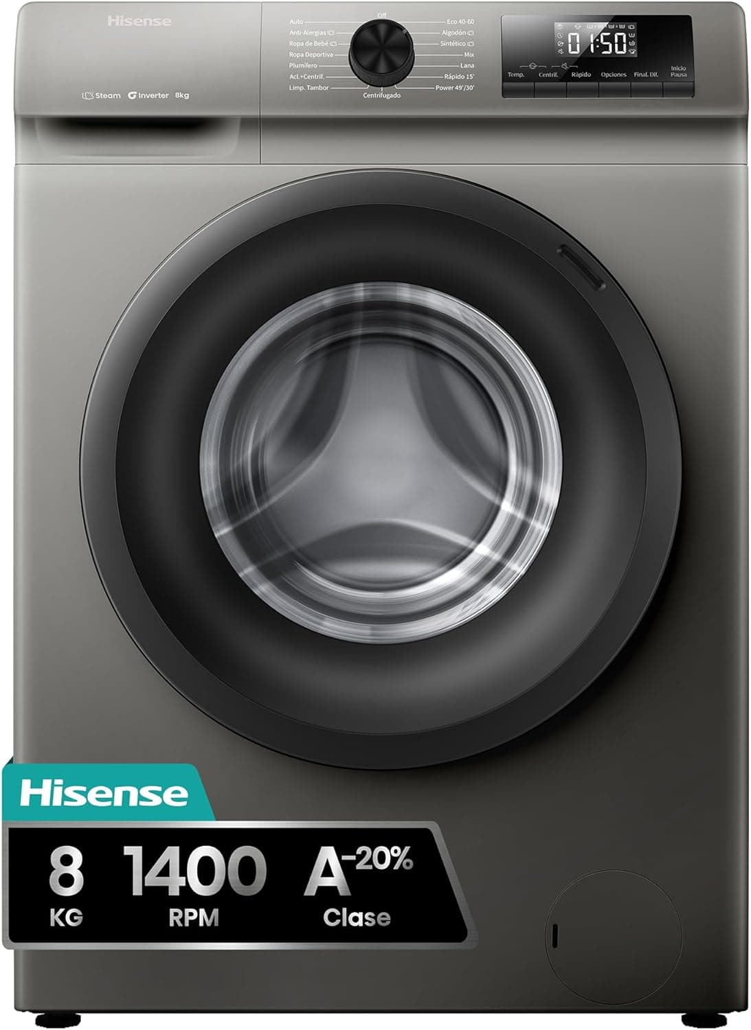 Hisense WF1Q8041BT Máquina de lavar roupa, classe A, 8 kg, 1400 rpm, altura 85 cm x largura 60 cm, branco, função de vapor 99,9%, lavagem rápida, lavagem automática, conclusão diferida, tecnologia IA