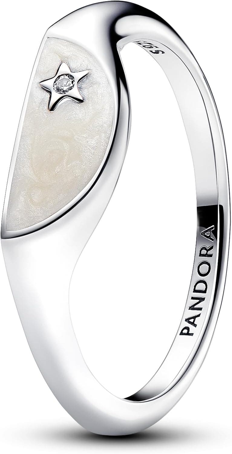 PANDORA ME Anel de selo dividido em prata de lei com zircónia cúbica transparente e esmalte branco brilhante