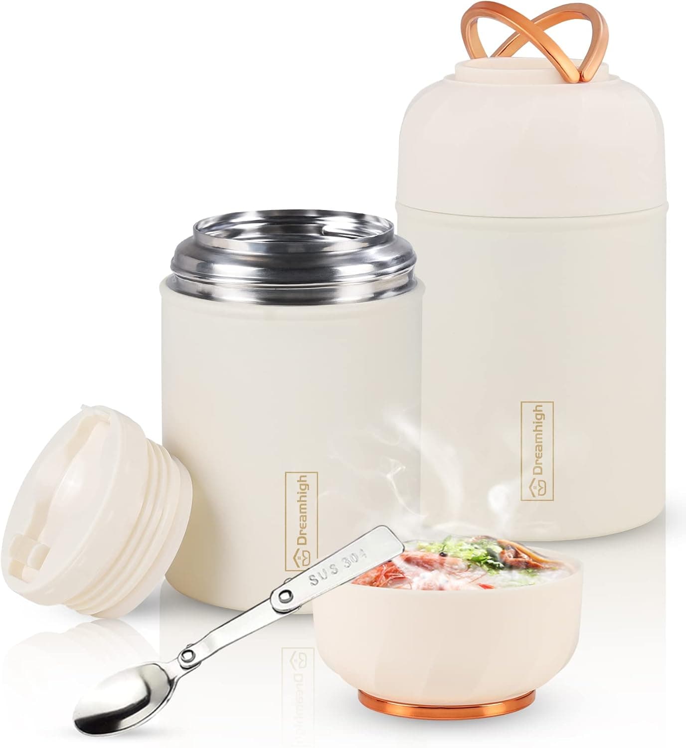 Dreamhigh® Garrafa térmica para alimentos 550 ml, recipiente térmico para alimentos, frasco de aço inoxidável recipiente térmico com colher dobrável, para adultos crianças, sem BPA, 10 h quente / 12 h