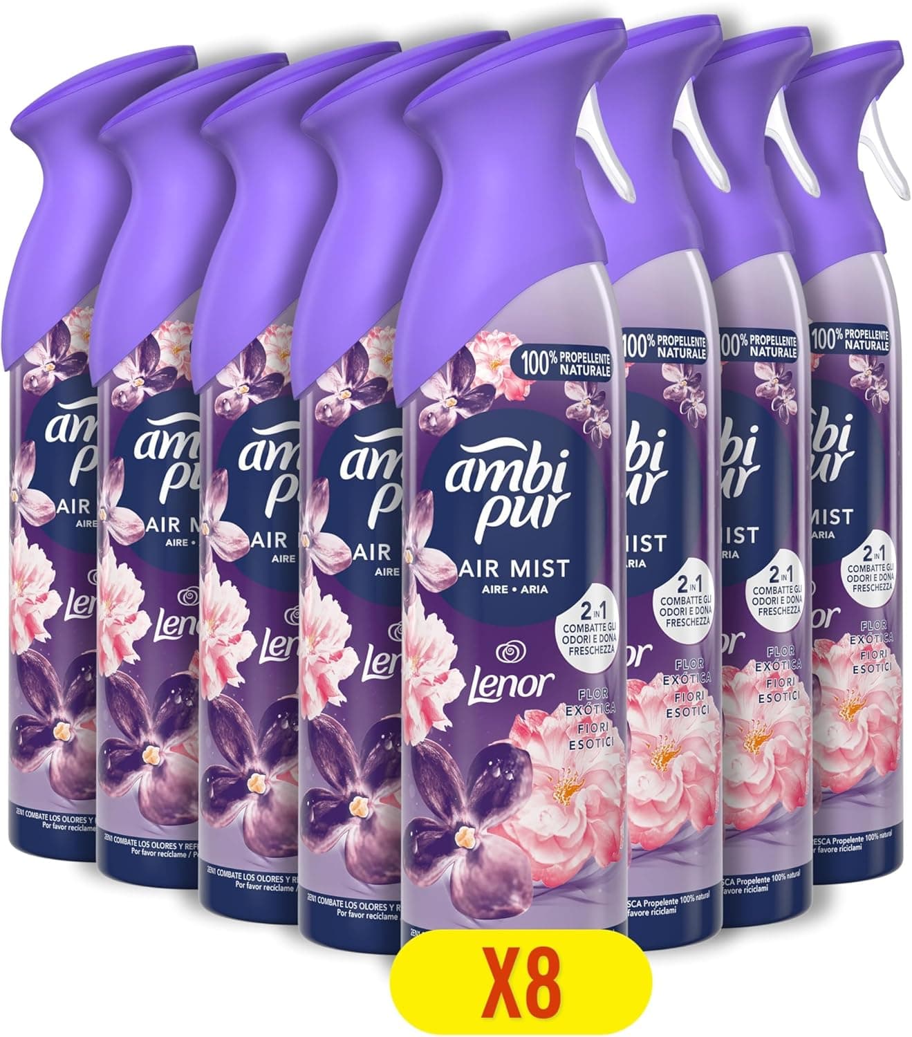Ambipur Flor ecológica em spray 185 ml x 8, com uma fragrância dupla que elimina odores e deixa um aroma fresco e leve