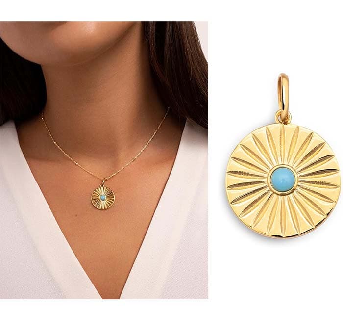 SINGULARU - Charm Solei turquesa - Charm de latão com acabamento em casa de banho de ouro de 18 kt - Charm com detalhes pedras naturais - fecho de alça - jóias para mulher, Ouro amarelo, Sem pedra