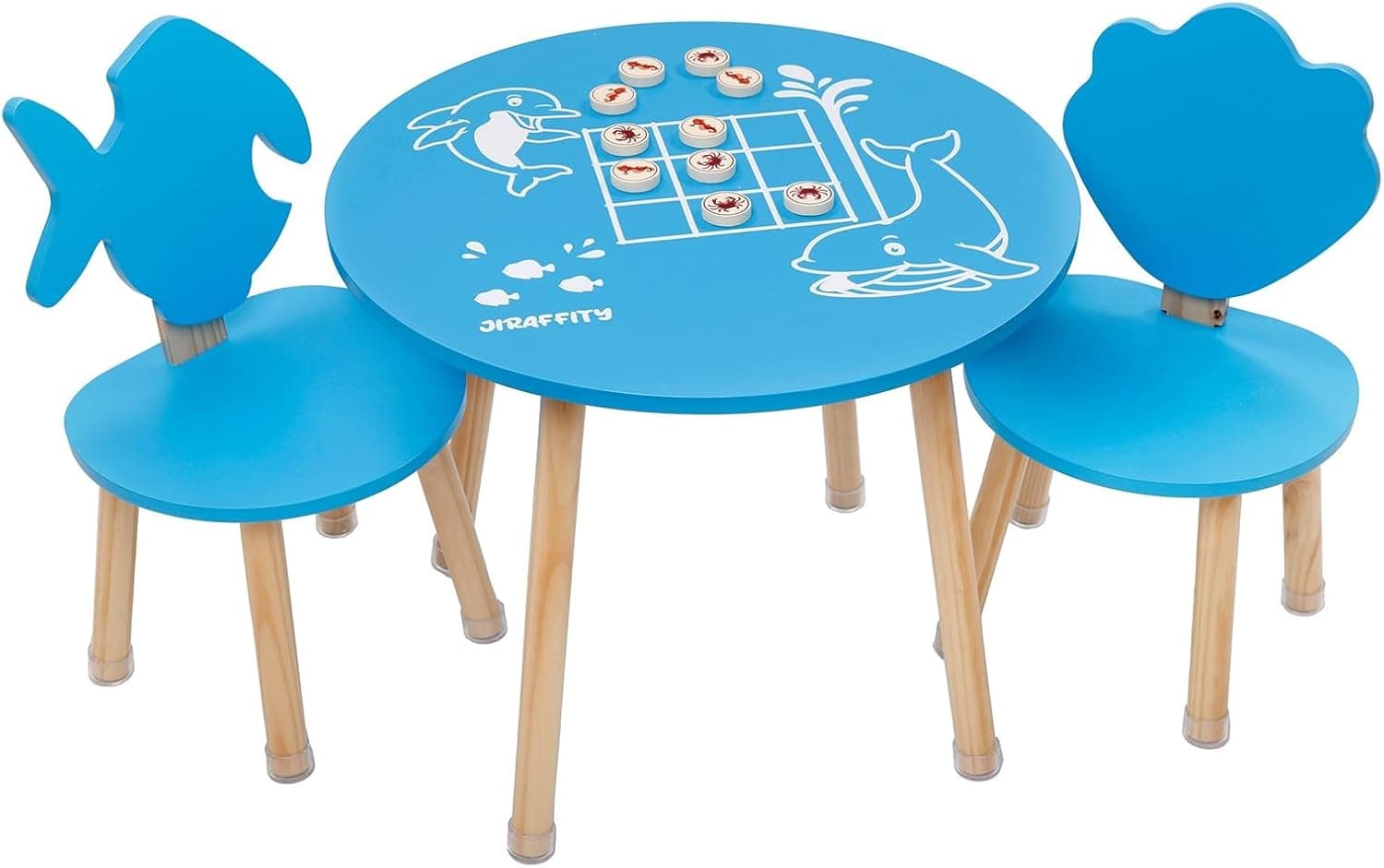 JIRAFFITY Mesa e cadeira infantil: mesa infantil com cadeiras (dois) de formas marinhas divertidas e conjunto 3 em riscas. Em madeira de pinheiro. Montagem fácil e segura, ideal para crianças de 2 a 6