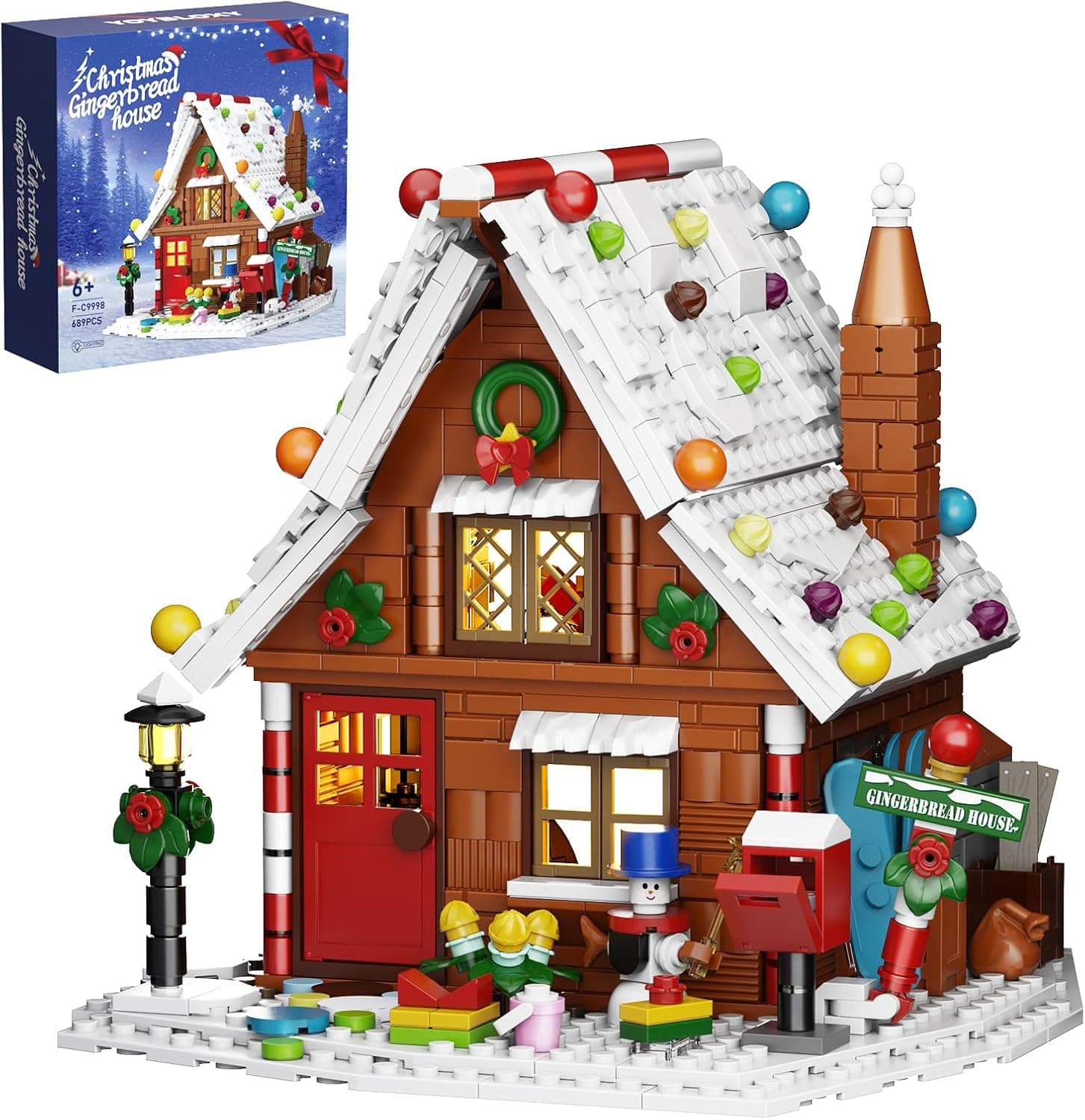 Millionspring Gingerbread House Kit de construção com luzes LED, brinquedos criativos para exibir ornamentos de Natal, crianças, adultos e famílias (689 peças)